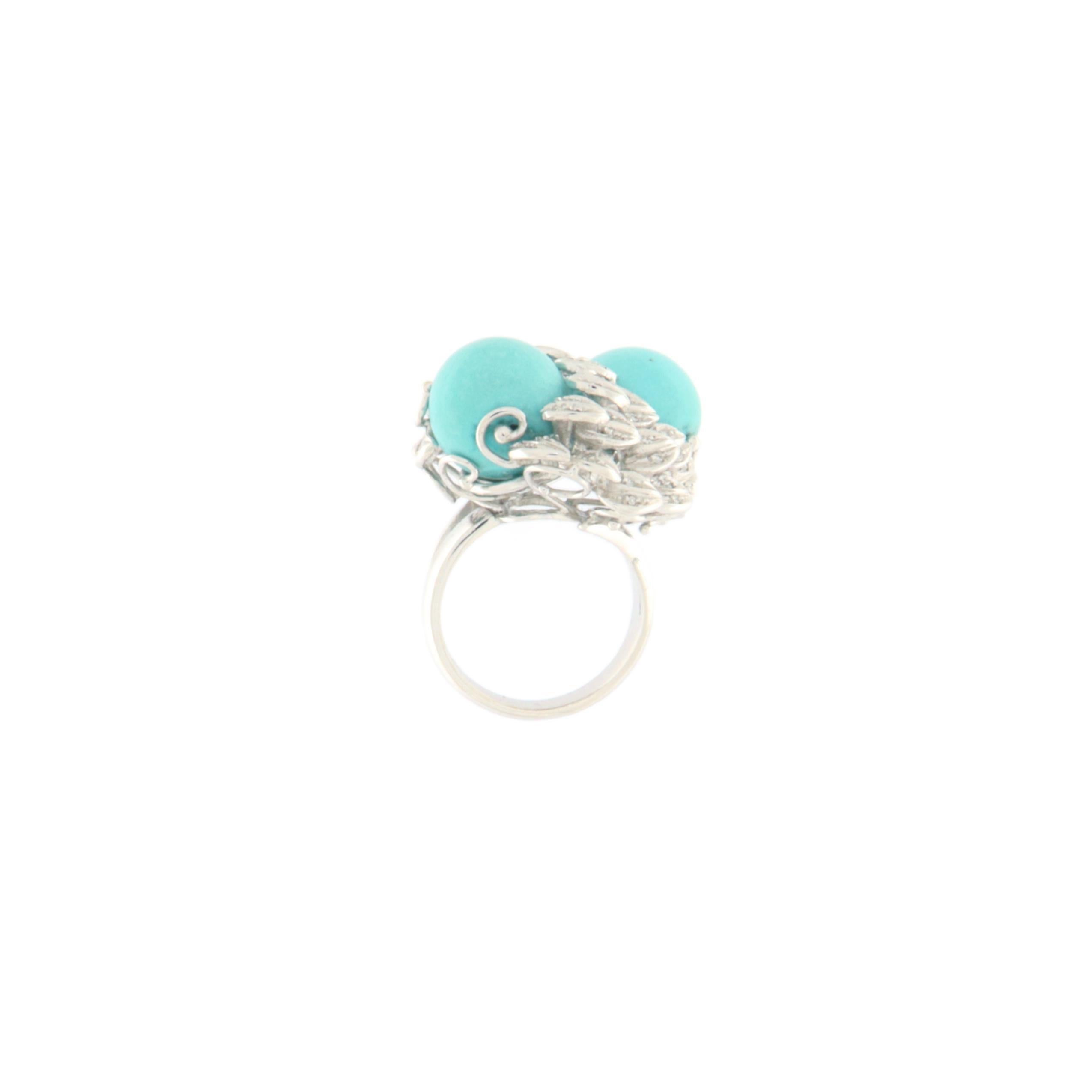 Artisan Turquoise Diamonds 18 Karat White Gold Cocktail Ring For Sale