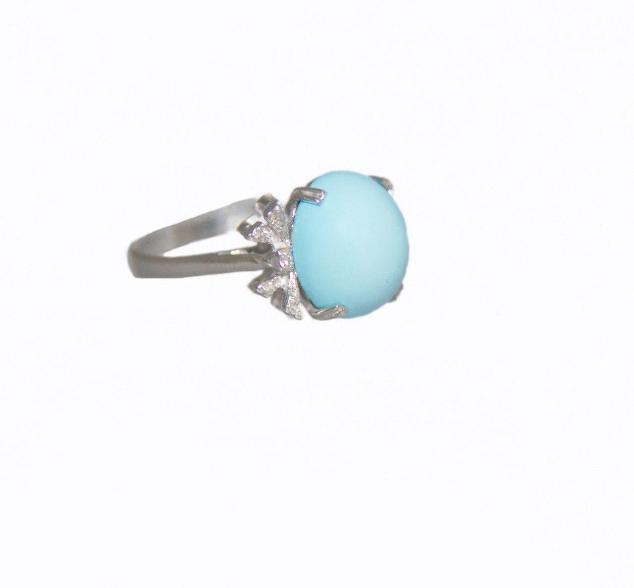 Artisan Turquoise Diamonds 18 Karat White Gold Cocktail Ring For Sale