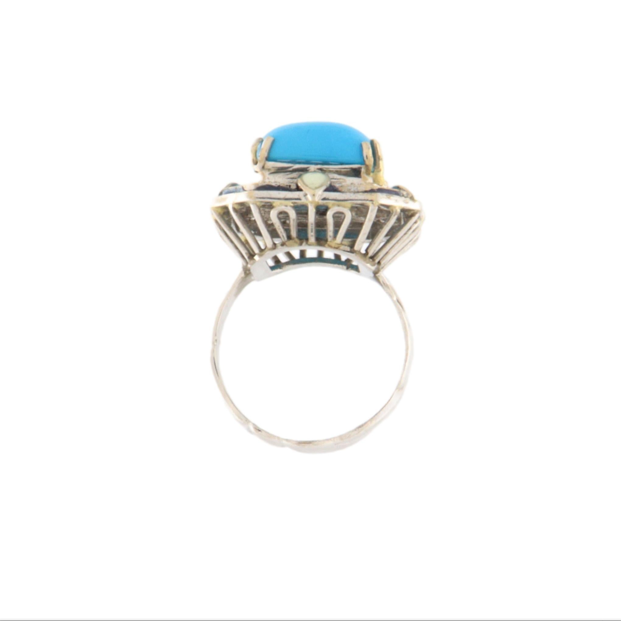Taglio brillante Anello Cocktail con diamanti turchesi in oro bianco 18 carati in vendita