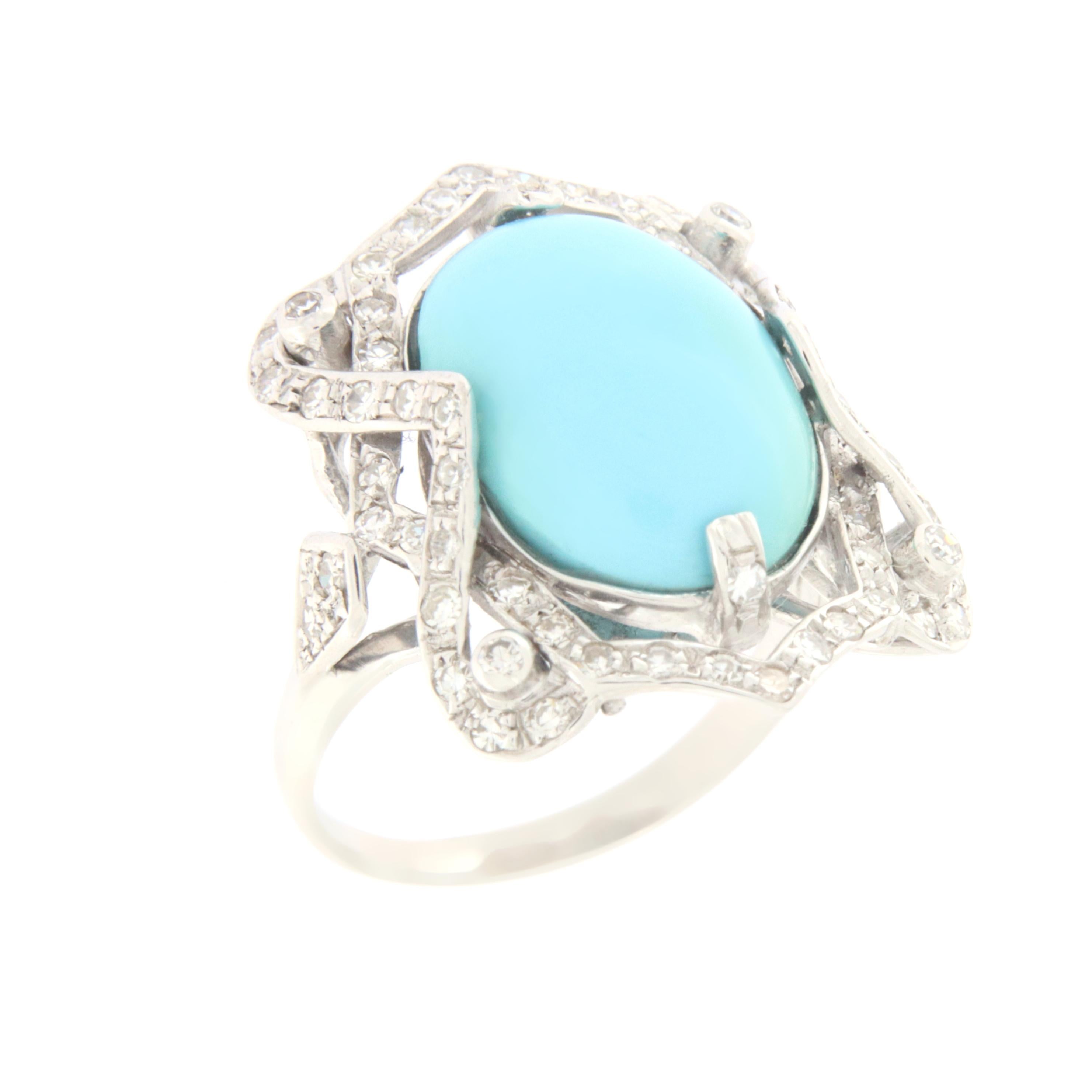 Turquoise Diamonds 18 Karat White Gold Cocktail Ring In New Condition For Sale In Marcianise, IT