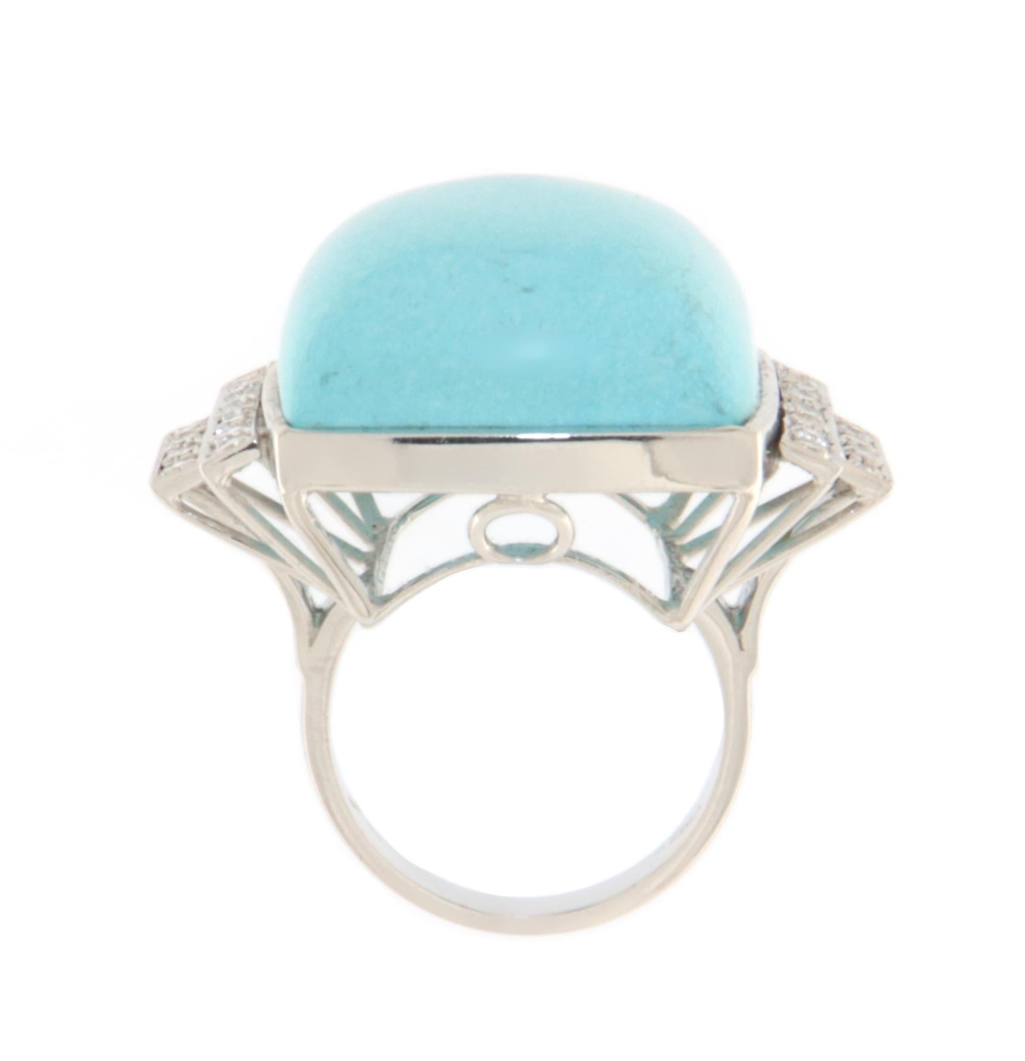 Turquoise Diamonds 18 Karat White Gold Cocktail Ring In New Condition For Sale In Marcianise, IT