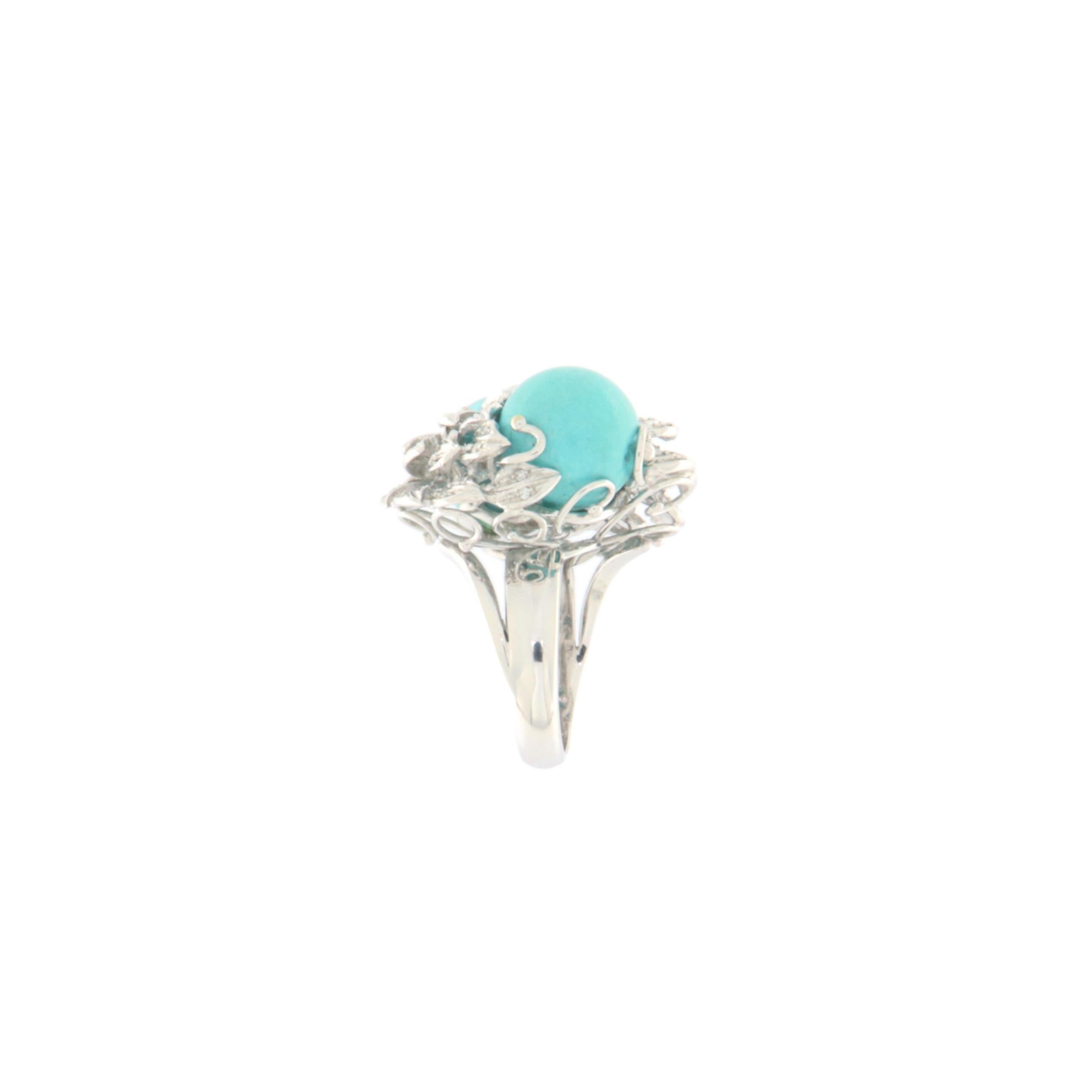 Turquoise Diamonds 18 Karat White Gold Cocktail Ring In New Condition For Sale In Marcianise, IT