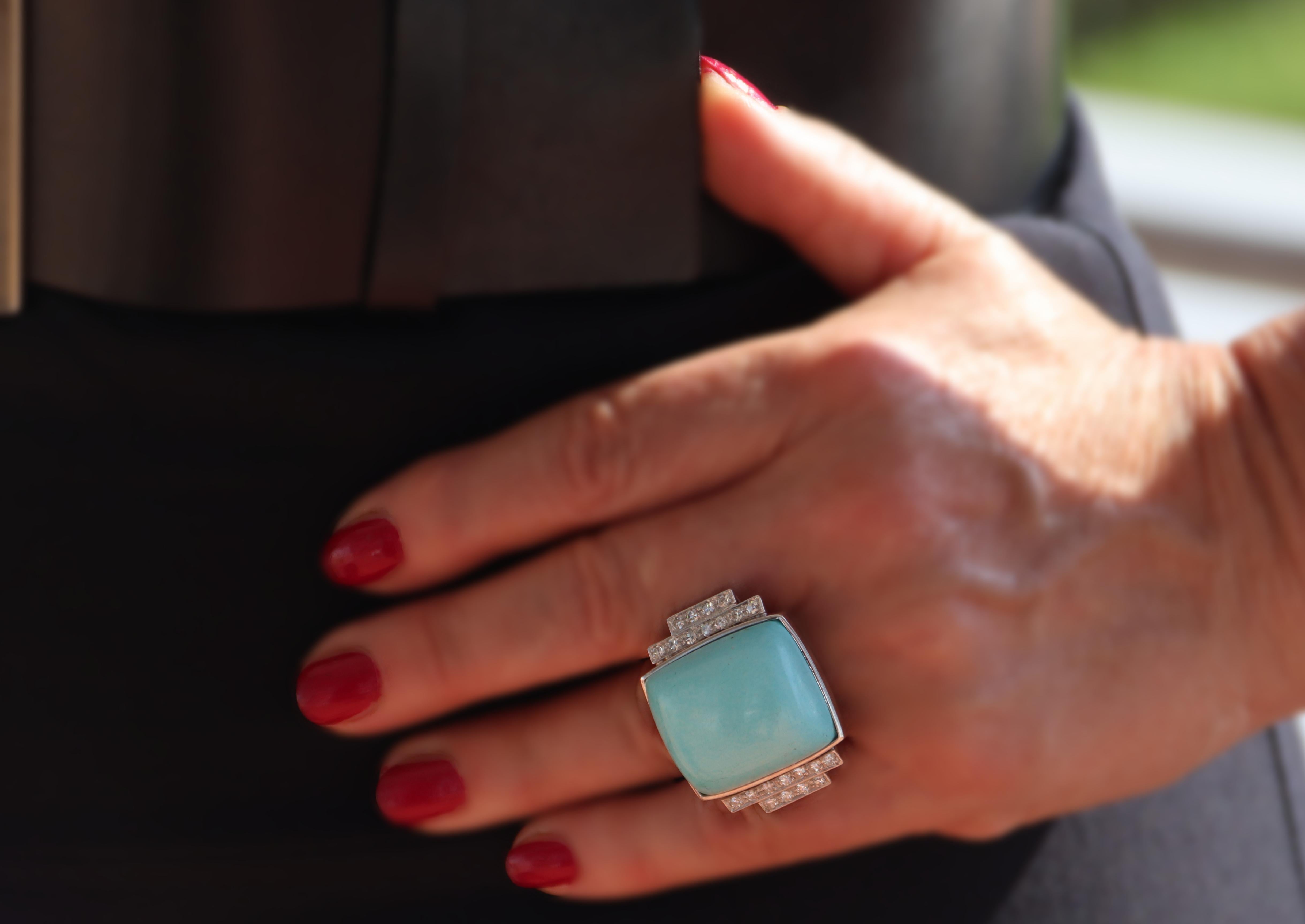 Turquoise Diamonds 18 Karat White Gold Cocktail Ring For Sale 2