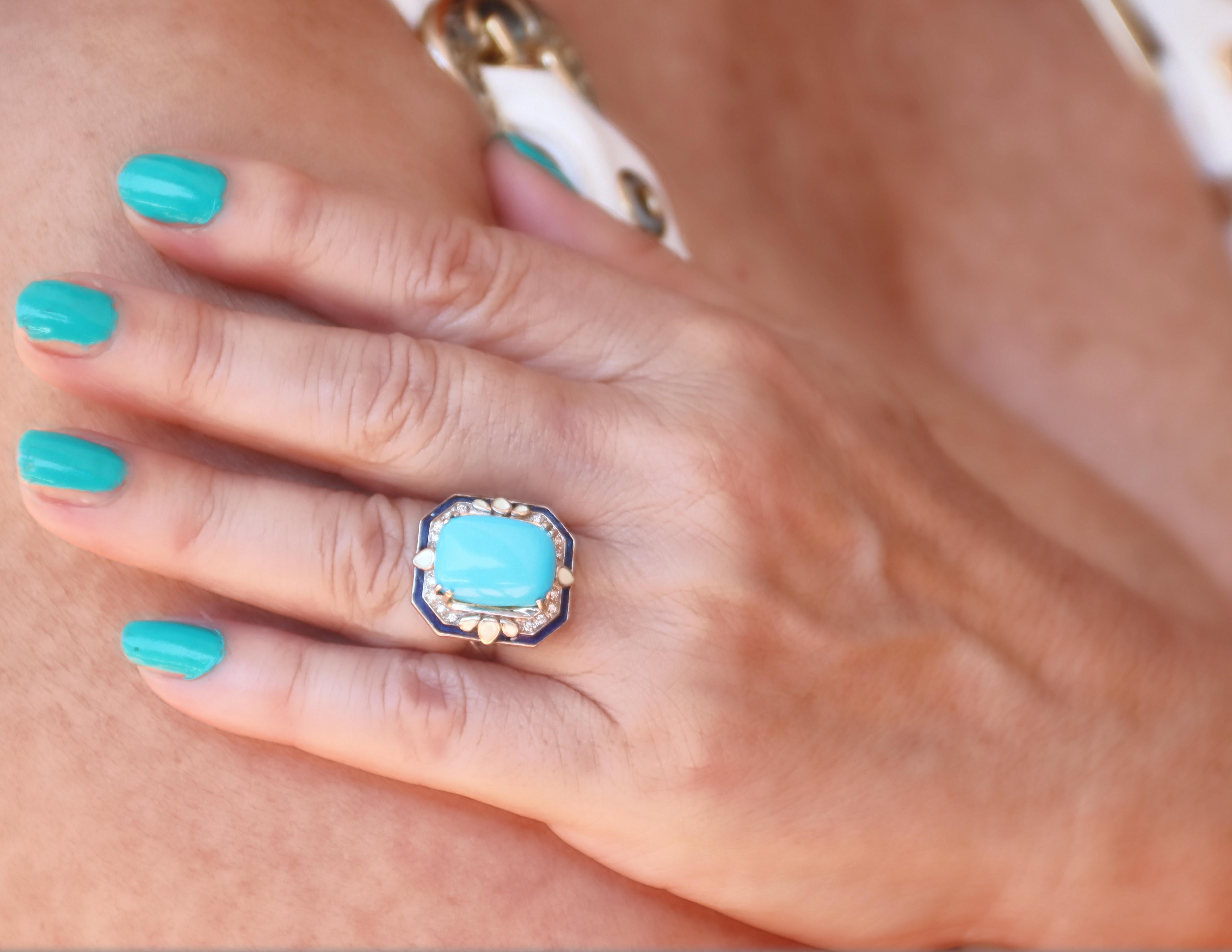 Anello Cocktail con diamanti turchesi in oro bianco 18 carati in vendita 2