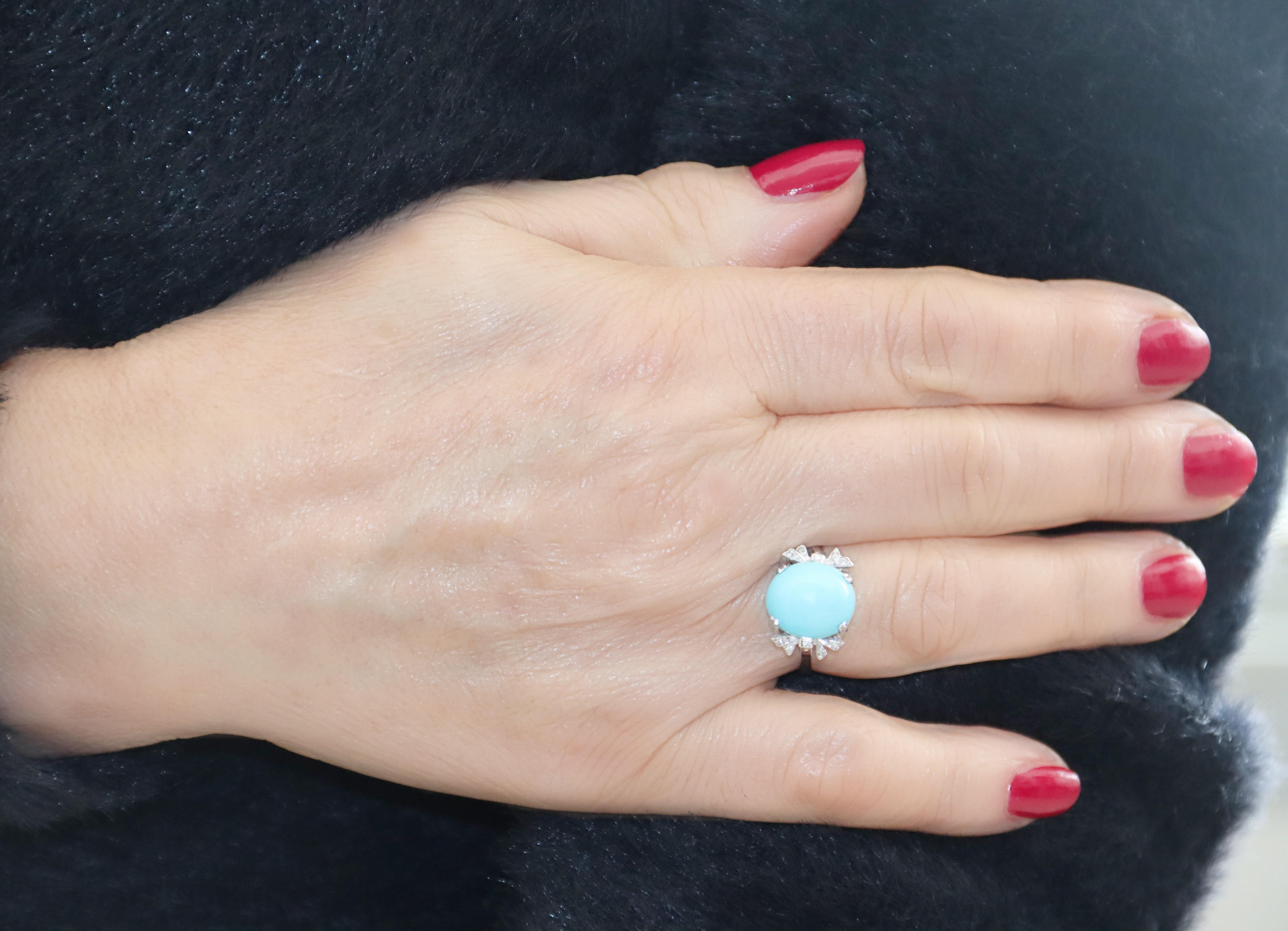 Turquoise Diamonds 18 Karat White Gold Cocktail Ring For Sale 3
