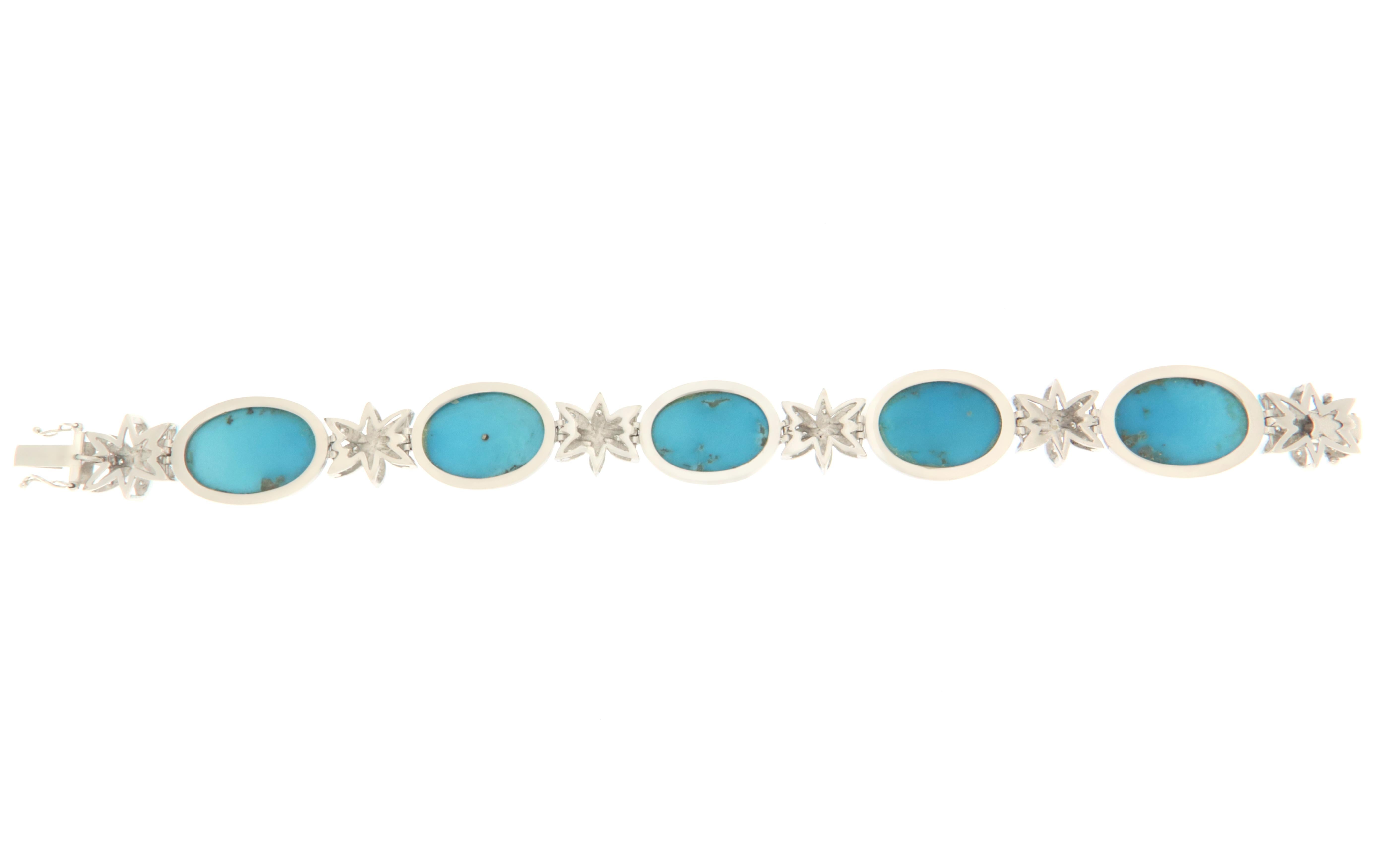 Artisan Turquoise Diamonds 18 Karat White Gold Cuff Bracelet For Sale
