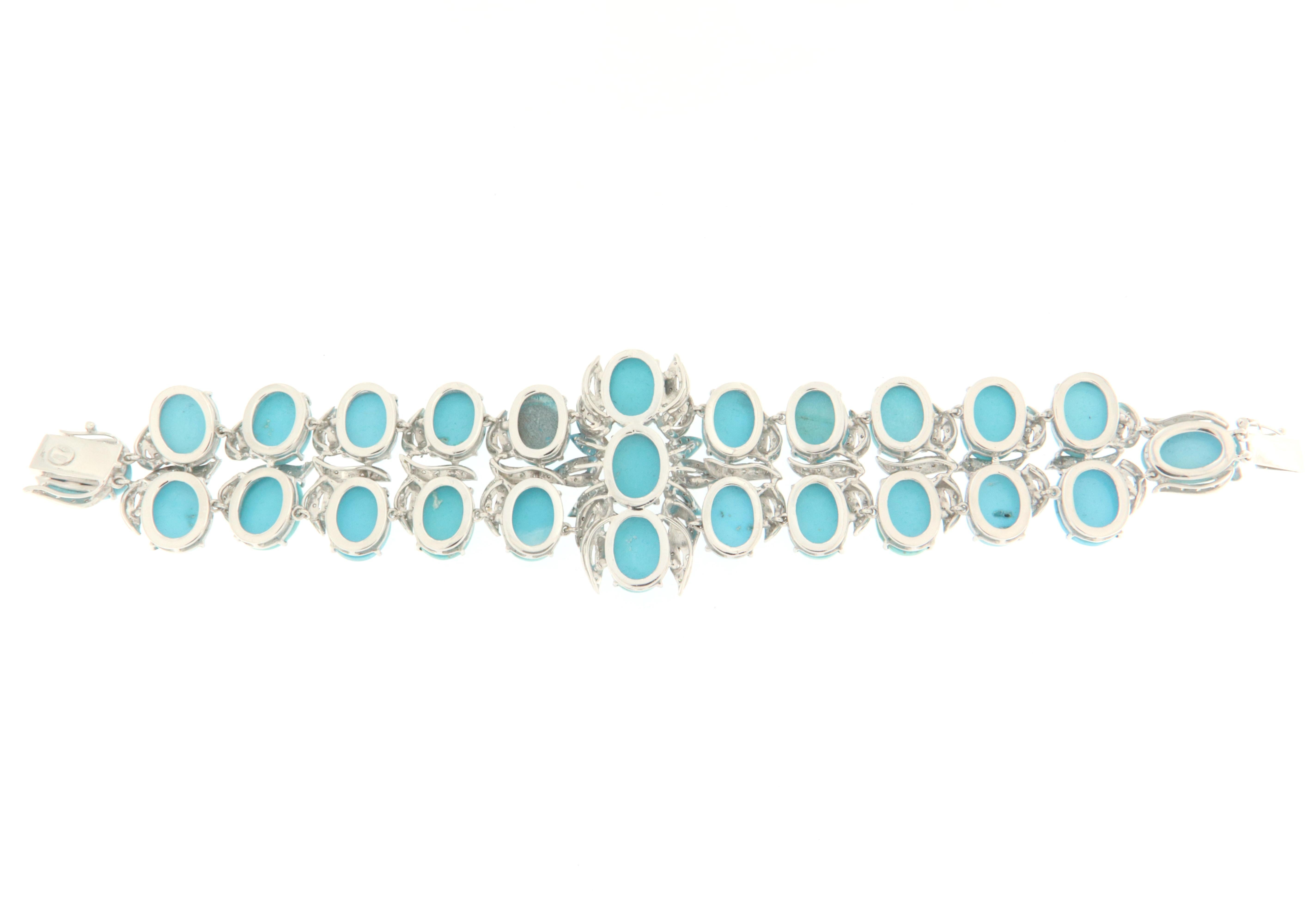 Artisan Turquoise Diamonds 18 Karat White Gold Cuff Bracelet For Sale