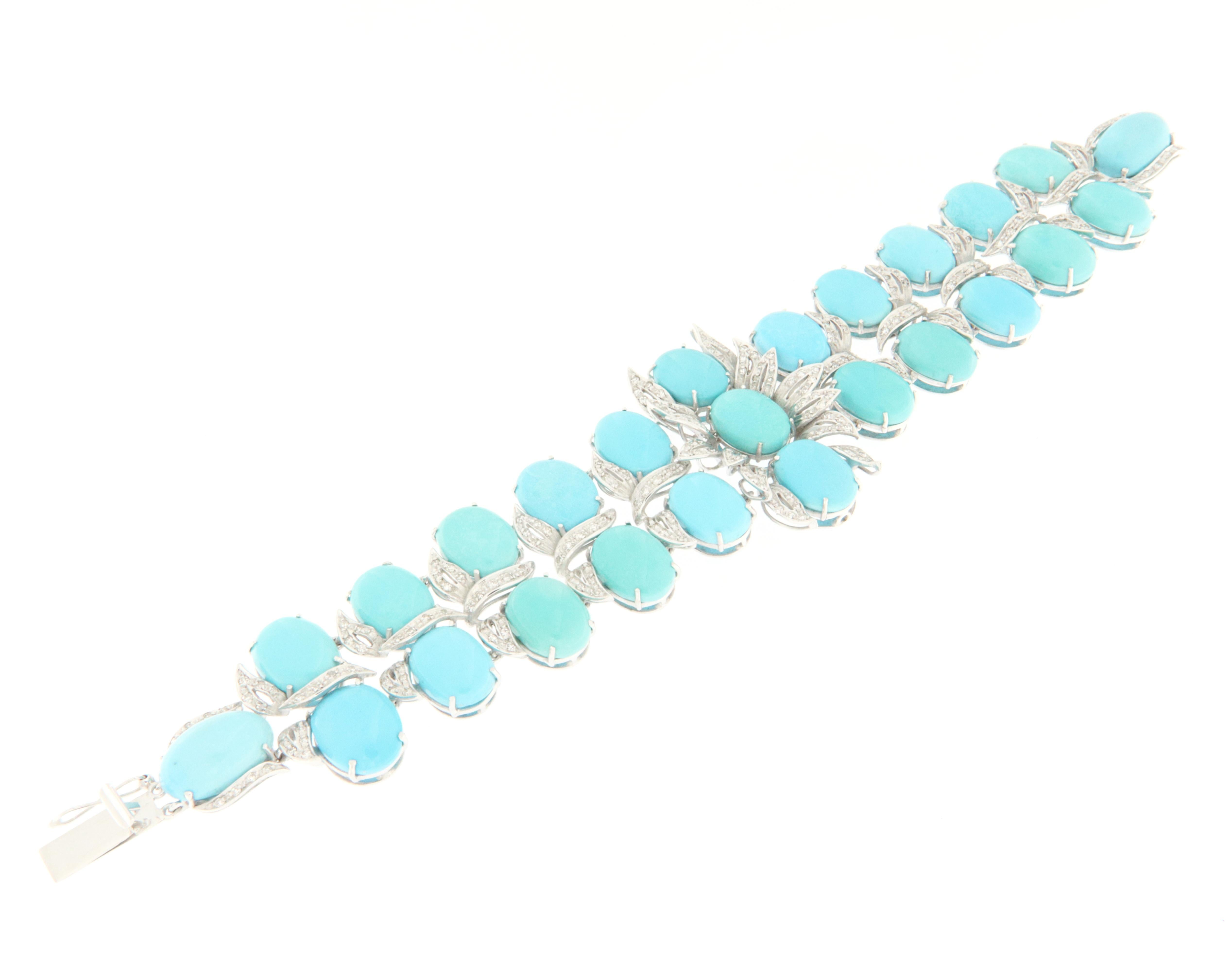 Brilliant Cut Turquoise Diamonds 18 Karat White Gold Cuff Bracelet For Sale