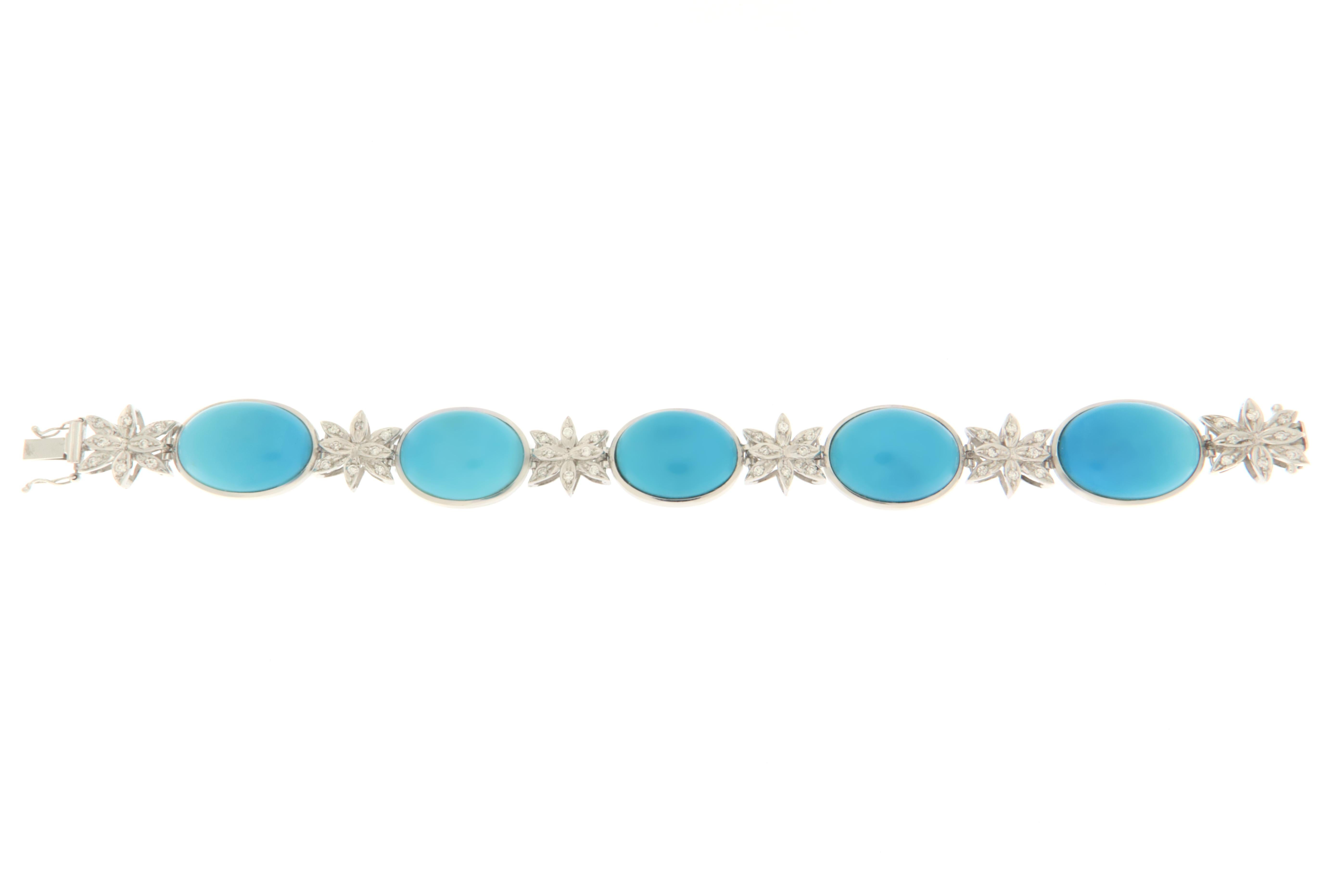 Turquoise Diamonds 18 Karat White Gold Cuff Bracelet In New Condition For Sale In Marcianise, IT