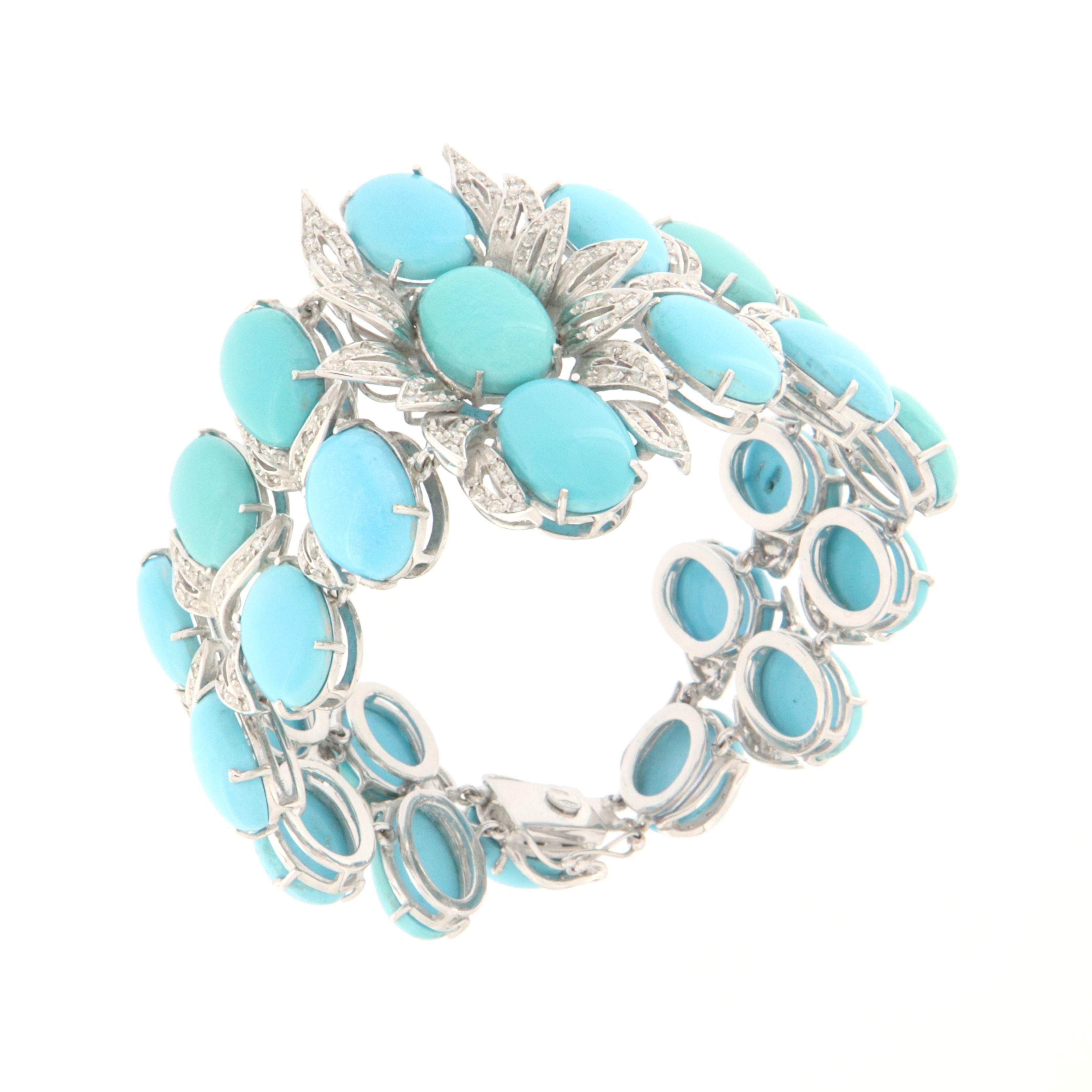 Turquoise Diamonds 18 Karat White Gold Cuff Bracelet In New Condition For Sale In Marcianise, IT
