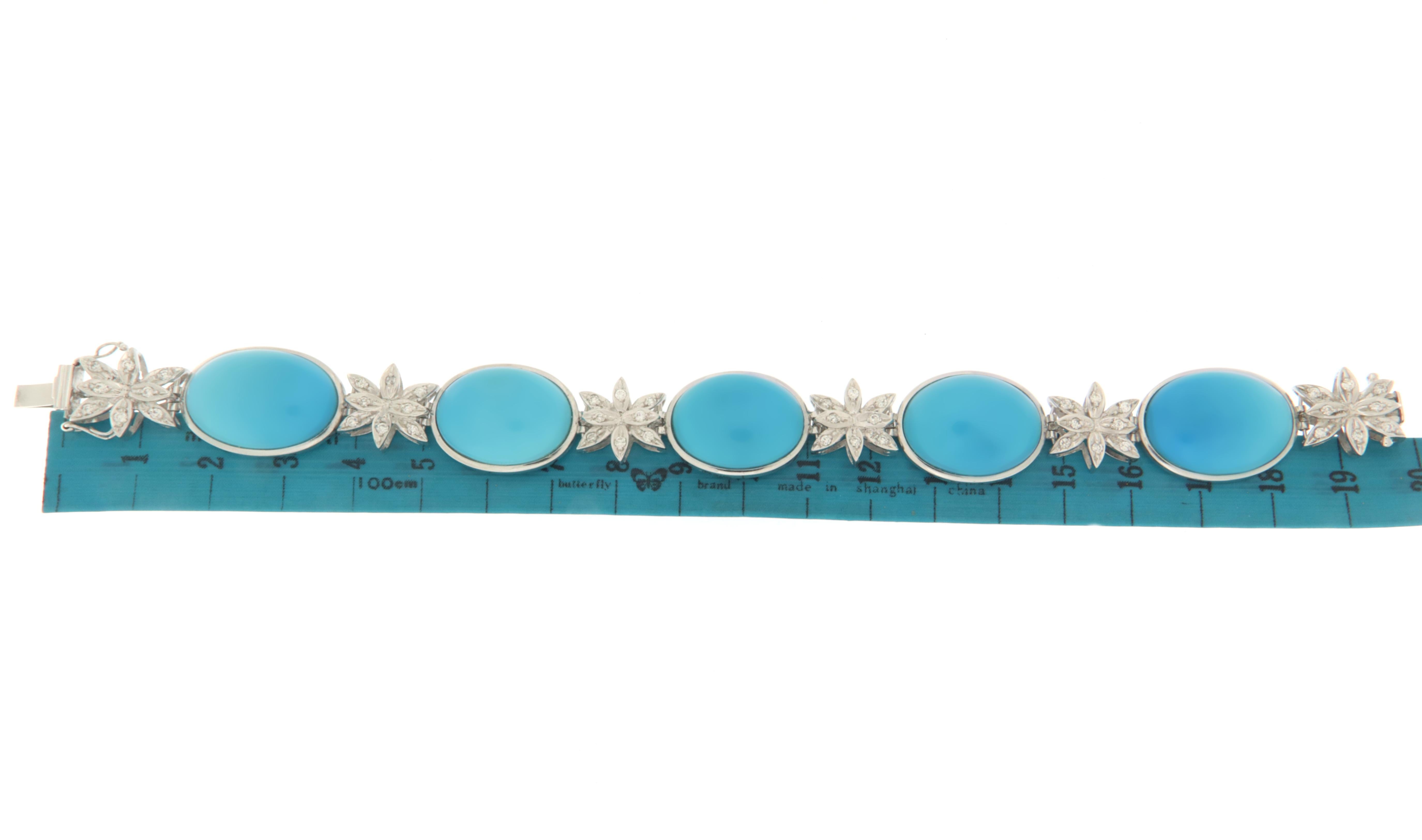 Women's Turquoise Diamonds 18 Karat White Gold Cuff Bracelet For Sale