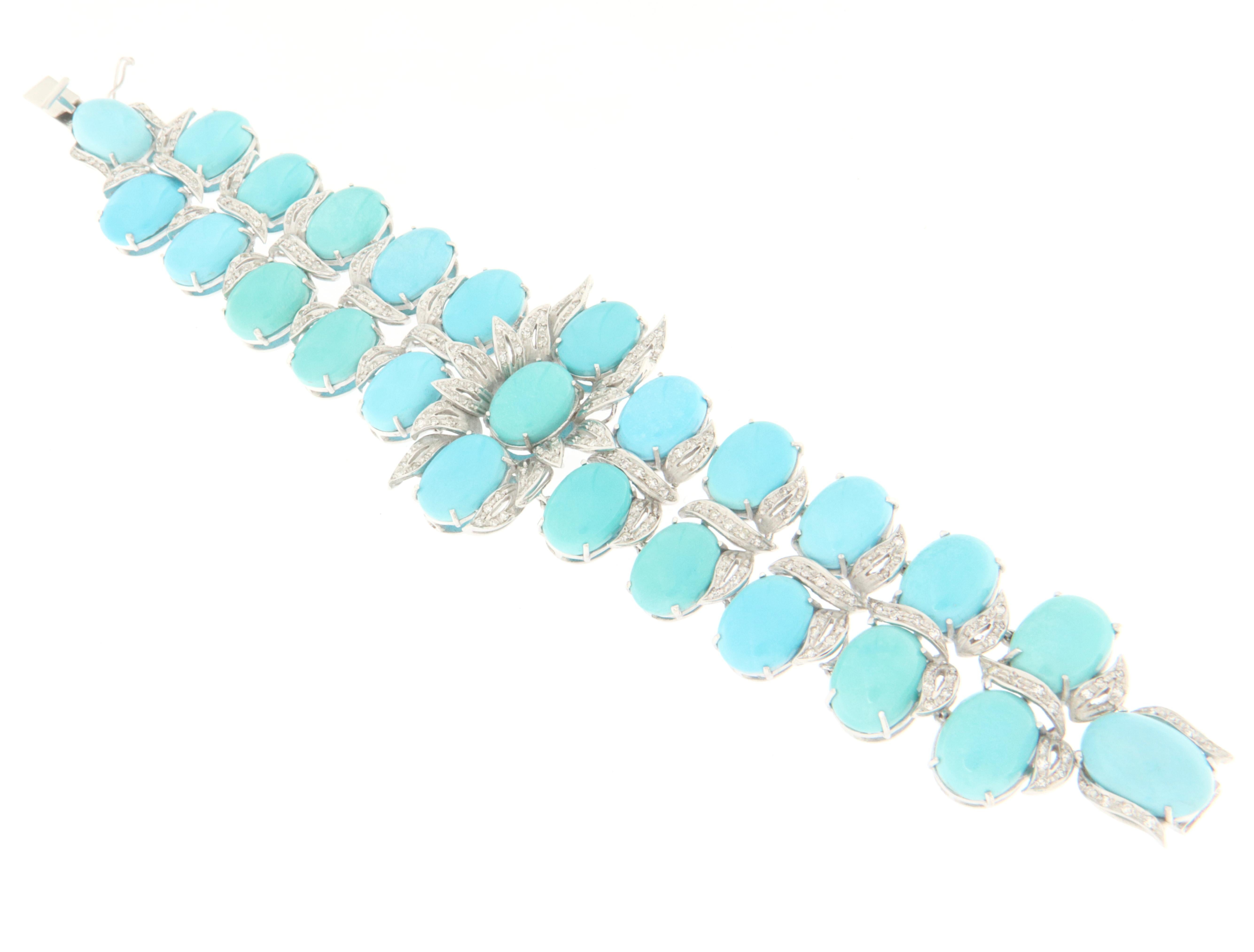 Women's Turquoise Diamonds 18 Karat White Gold Cuff Bracelet For Sale