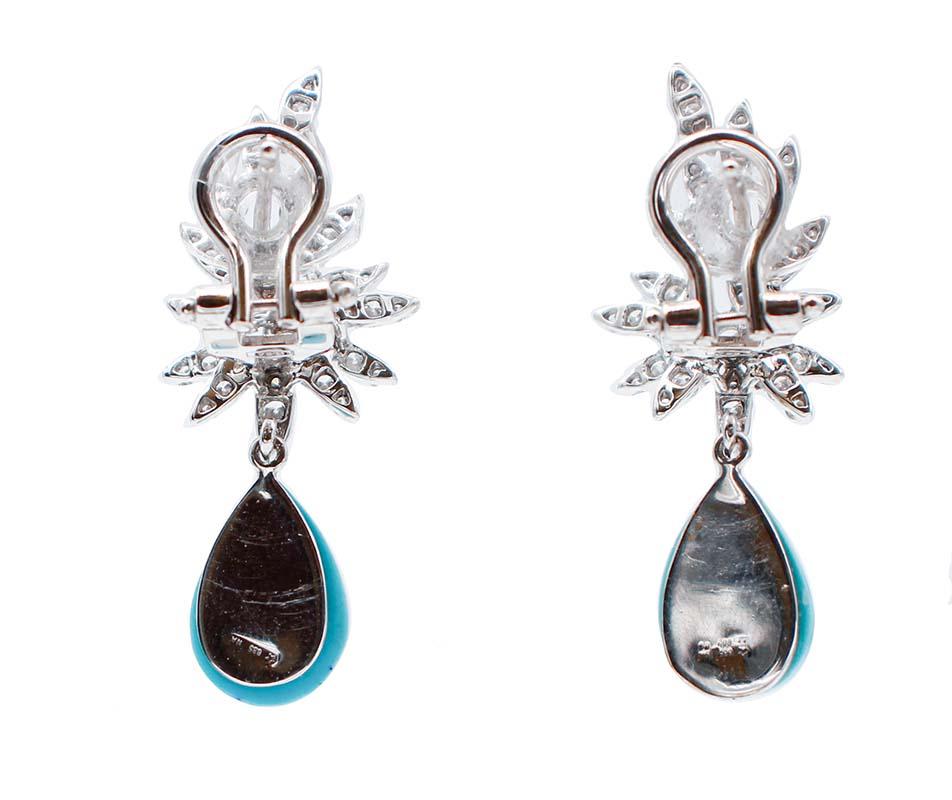 Retro Turquoise, Diamonds, 18 Karat White Gold Dangle Earrings