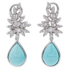 Turquoise, Diamonds, 18 Karat White Gold Dangle Earrings