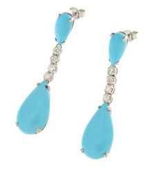 Contemporary 18K White Gold Turquoise Diamond Prong Setting Drop Earring