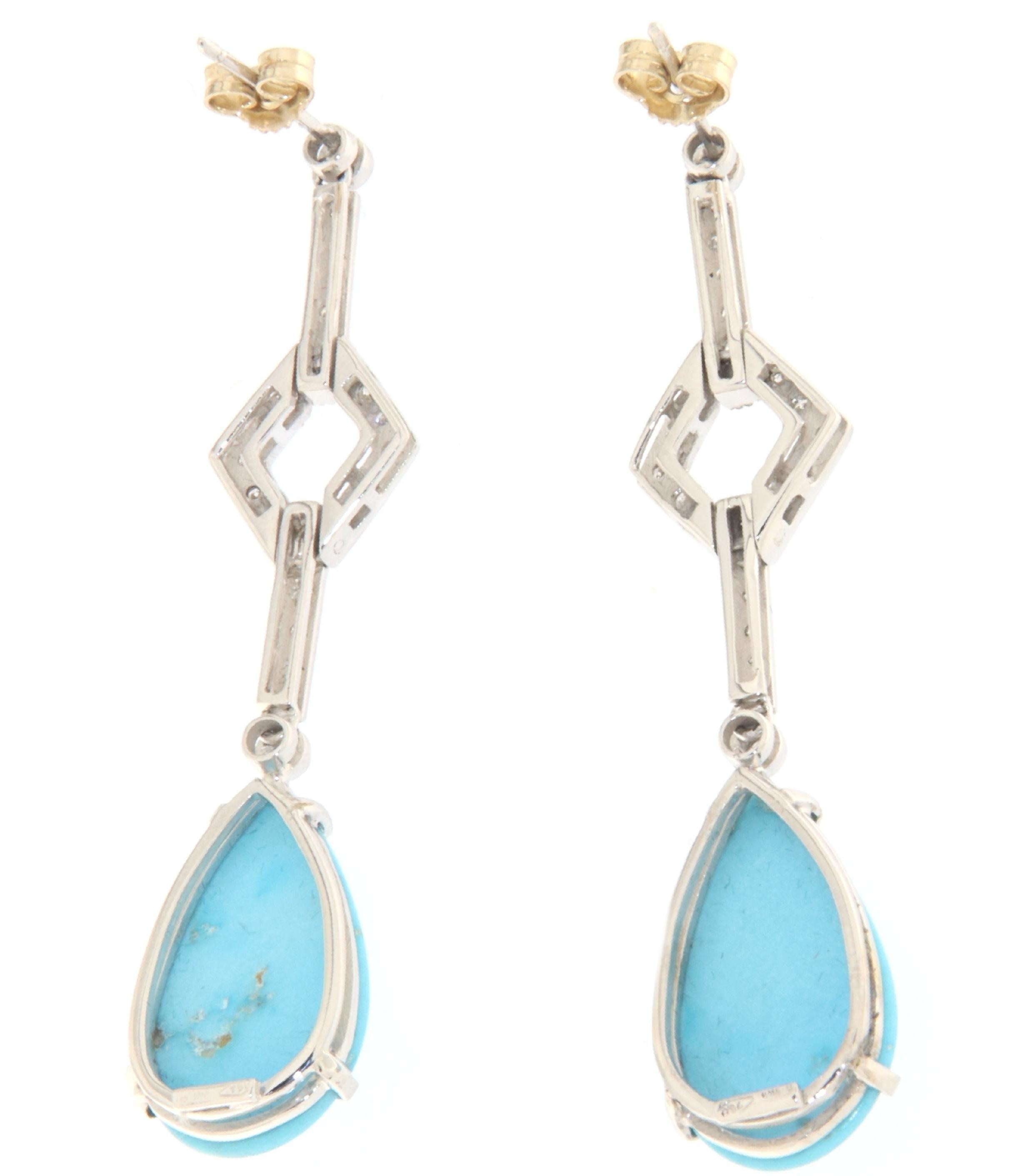 Artisan Turquoise Diamonds 18 Karat White Gold Drop Earrings For Sale