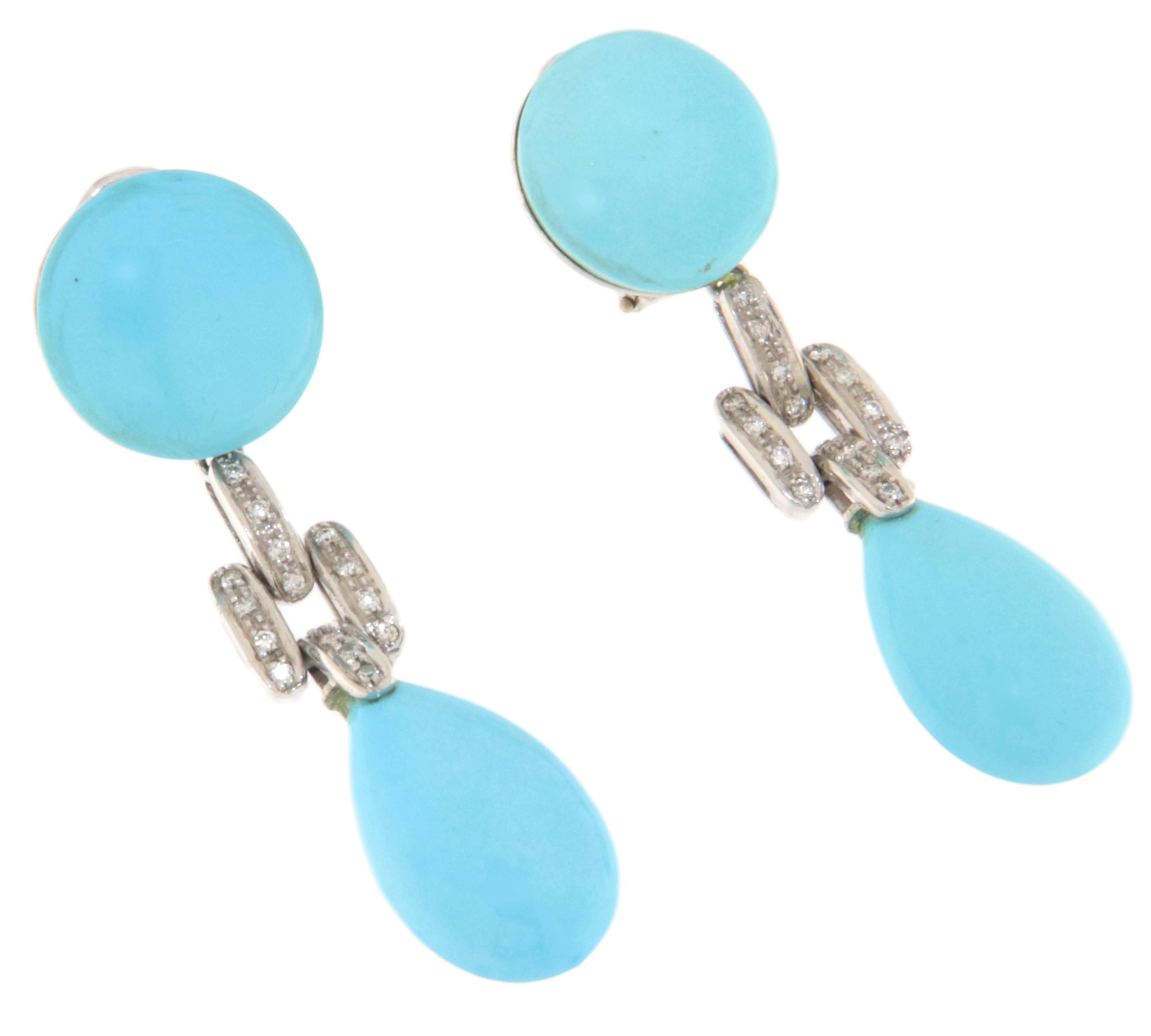 Artisan Turquoise Diamonds 18 Karat White Gold Drop Earrings For Sale