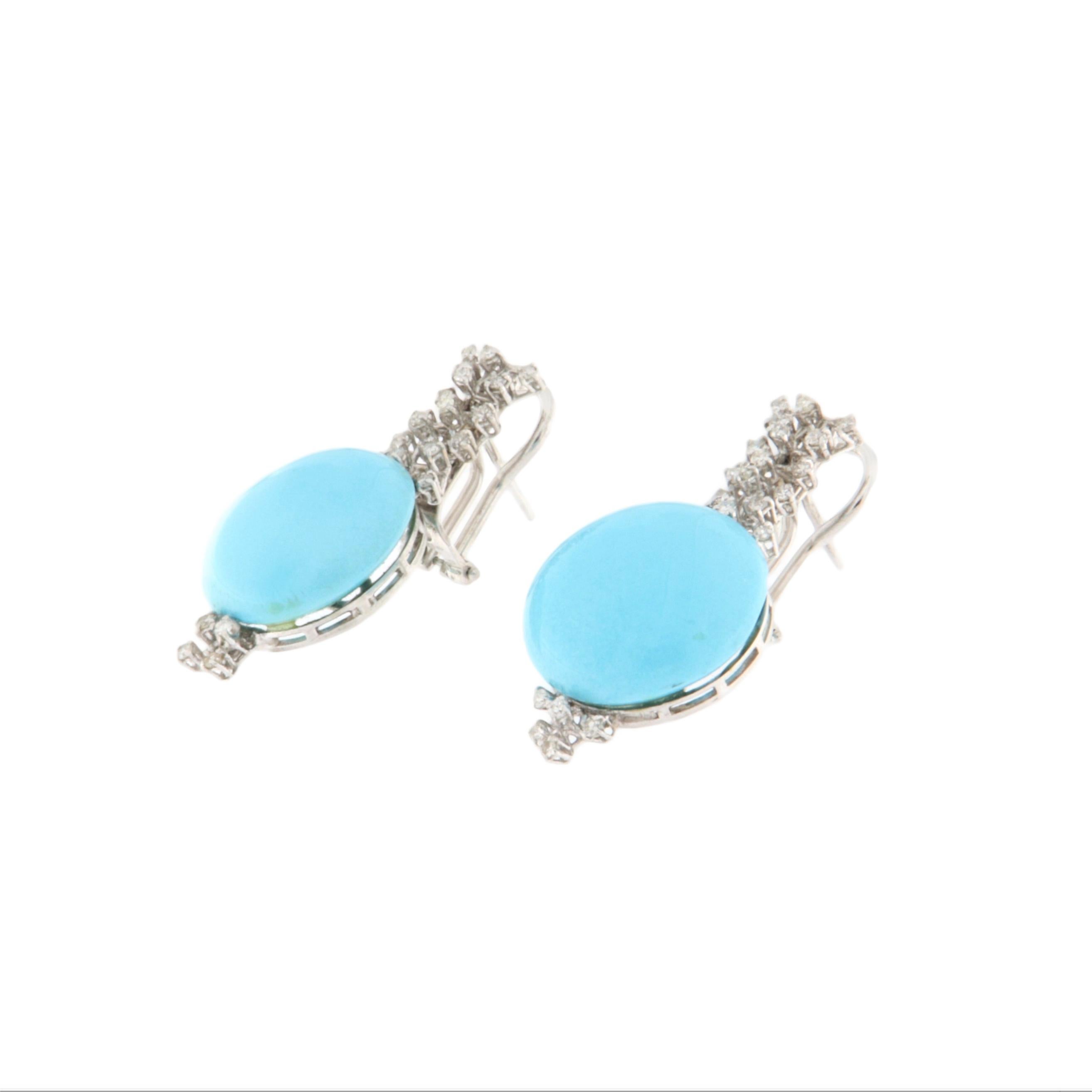 Artisan Turquoise Diamonds 18 Karat White Gold Drop Earrings For Sale