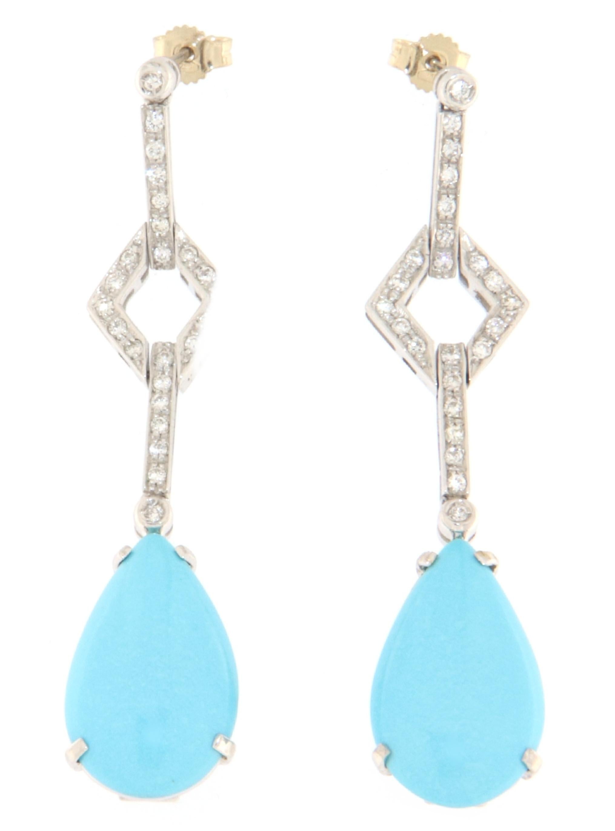 Brilliant Cut Turquoise Diamonds 18 Karat White Gold Drop Earrings For Sale