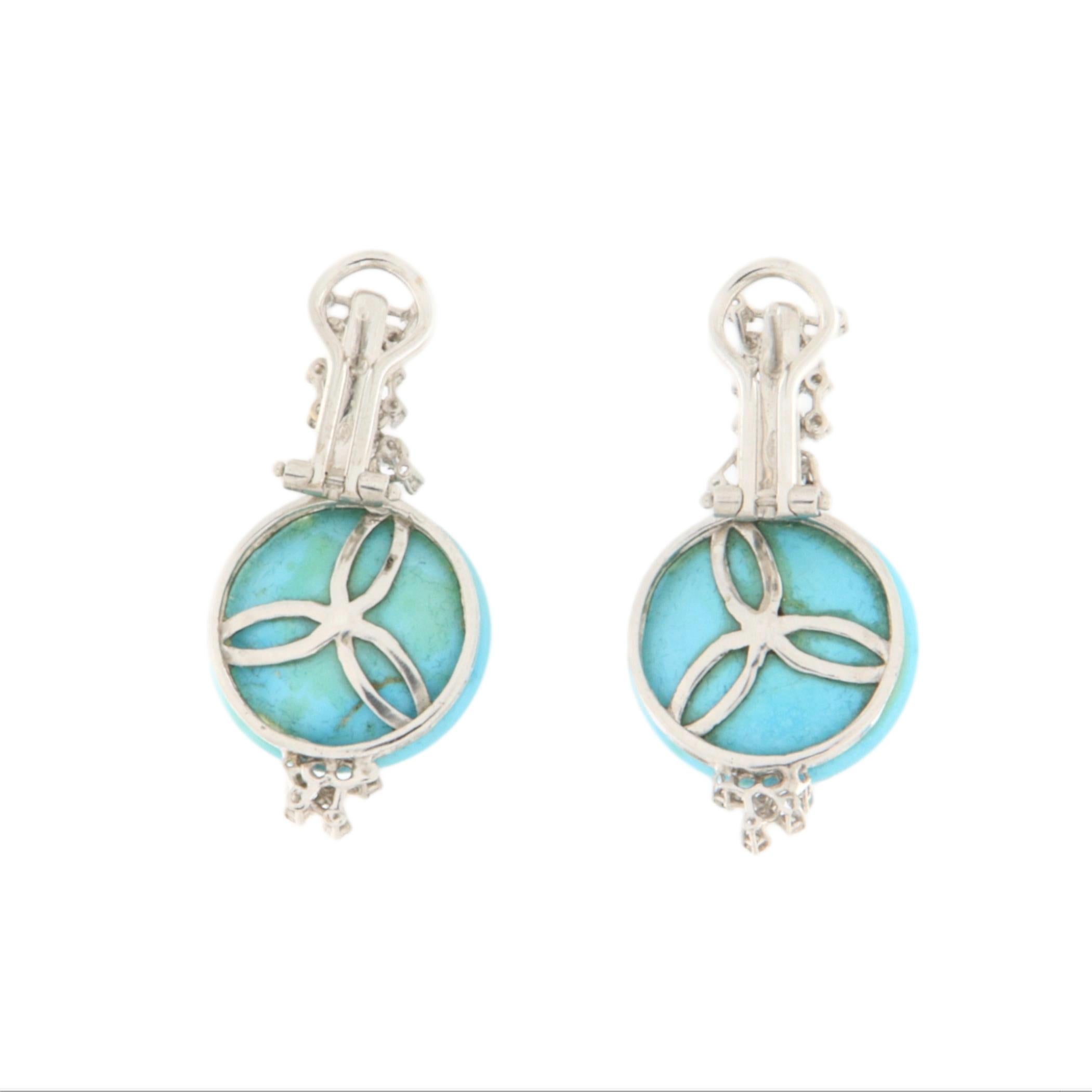 Turquoise Diamonds 18 Karat White Gold Drop Earrings In New Condition For Sale In Marcianise, IT
