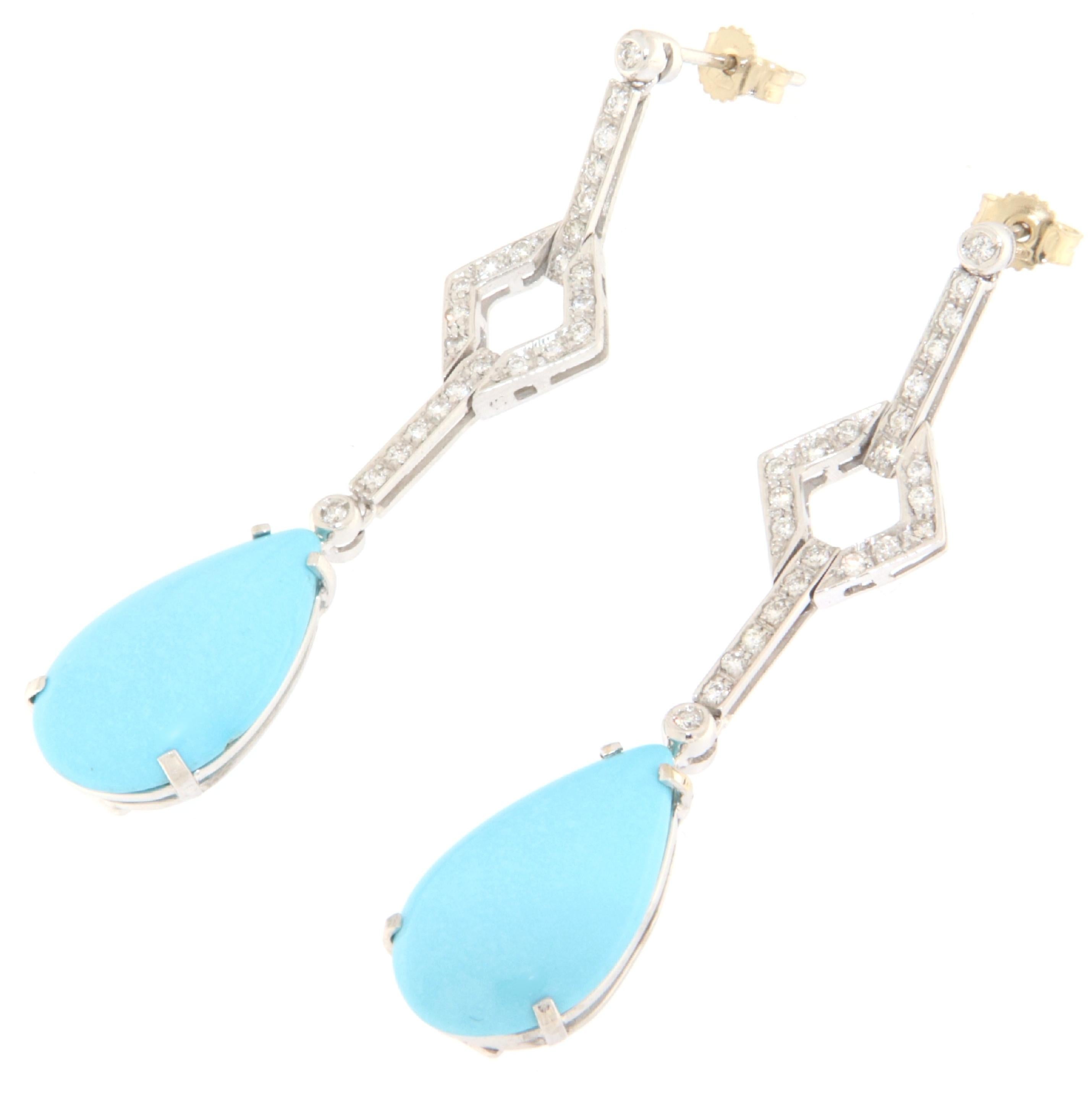 Women's Turquoise Diamonds 18 Karat White Gold Drop Earrings For Sale