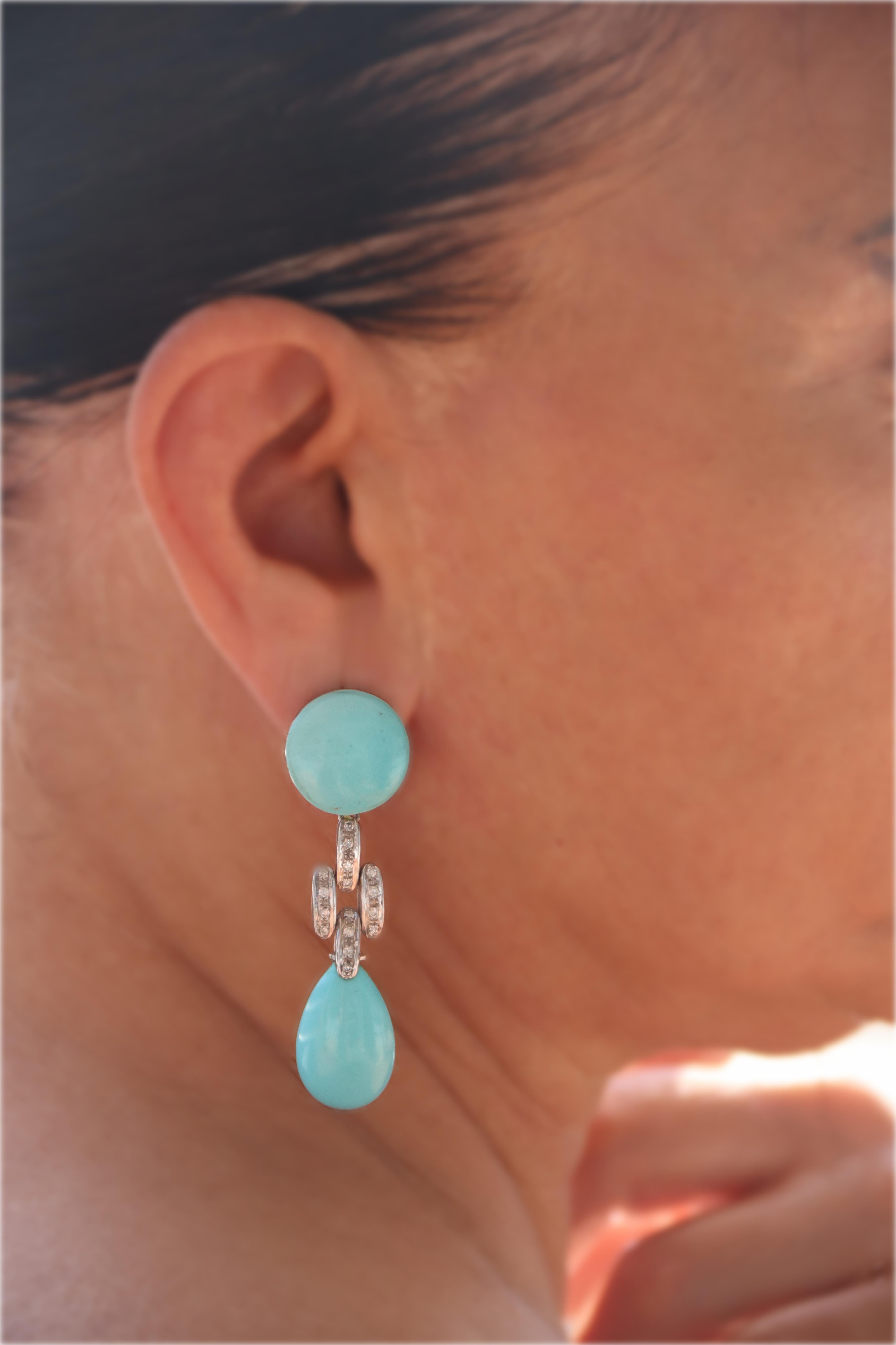 Women's Turquoise Diamonds 18 Karat White Gold Drop Earrings For Sale