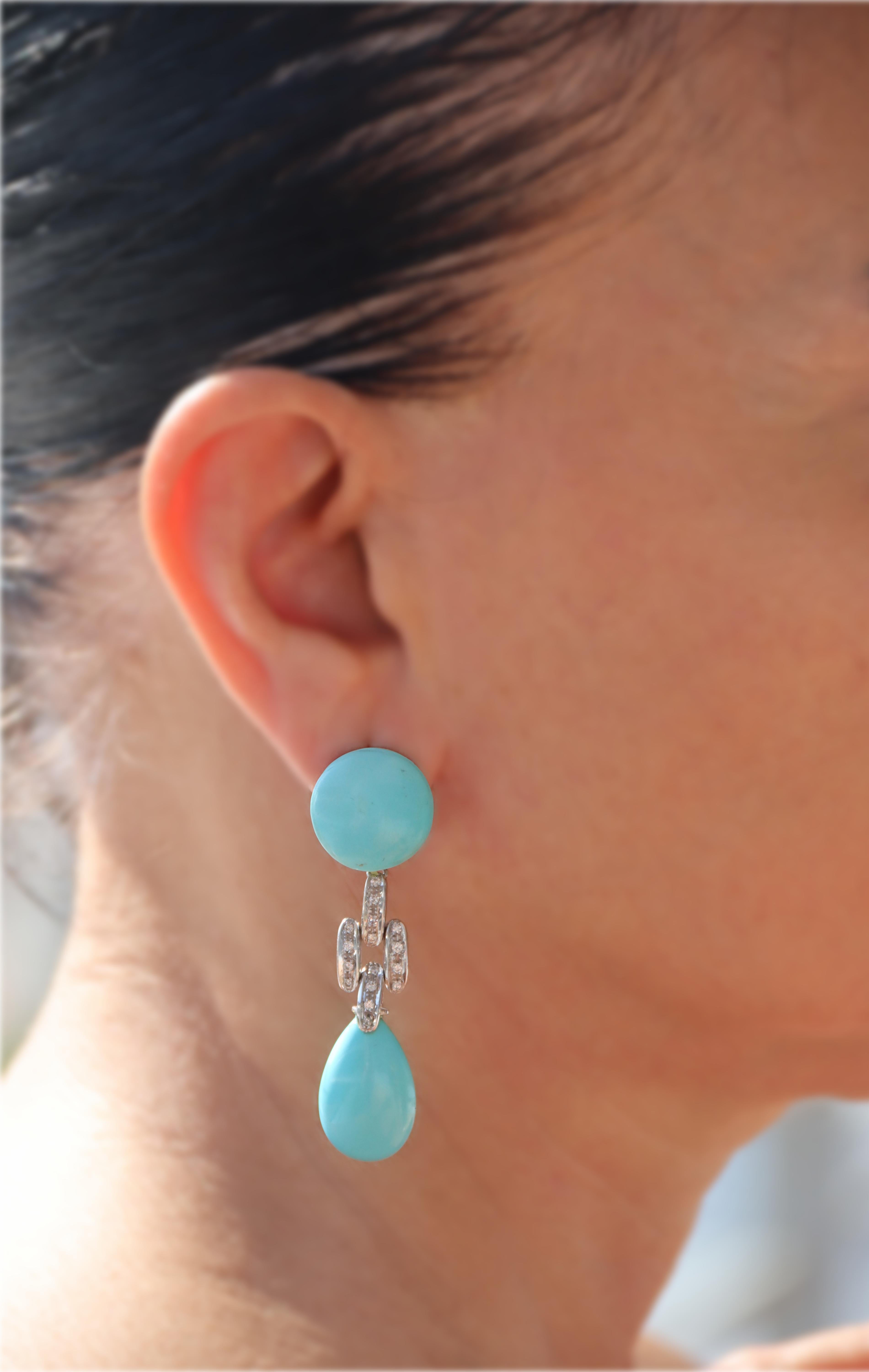 Turquoise Diamonds 18 Karat White Gold Drop Earrings For Sale 1