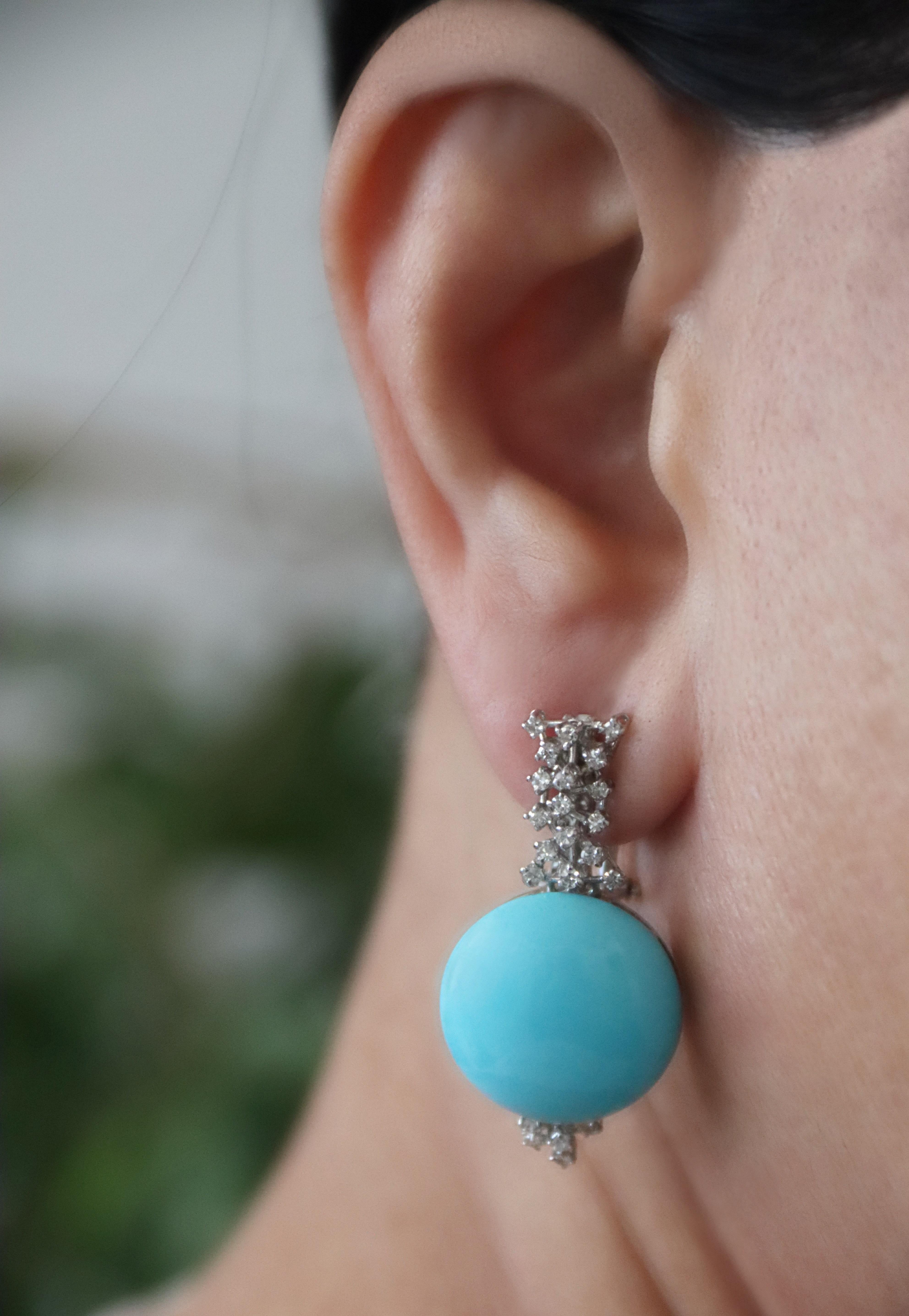 Turquoise Diamonds 18 Karat White Gold Drop Earrings For Sale 1