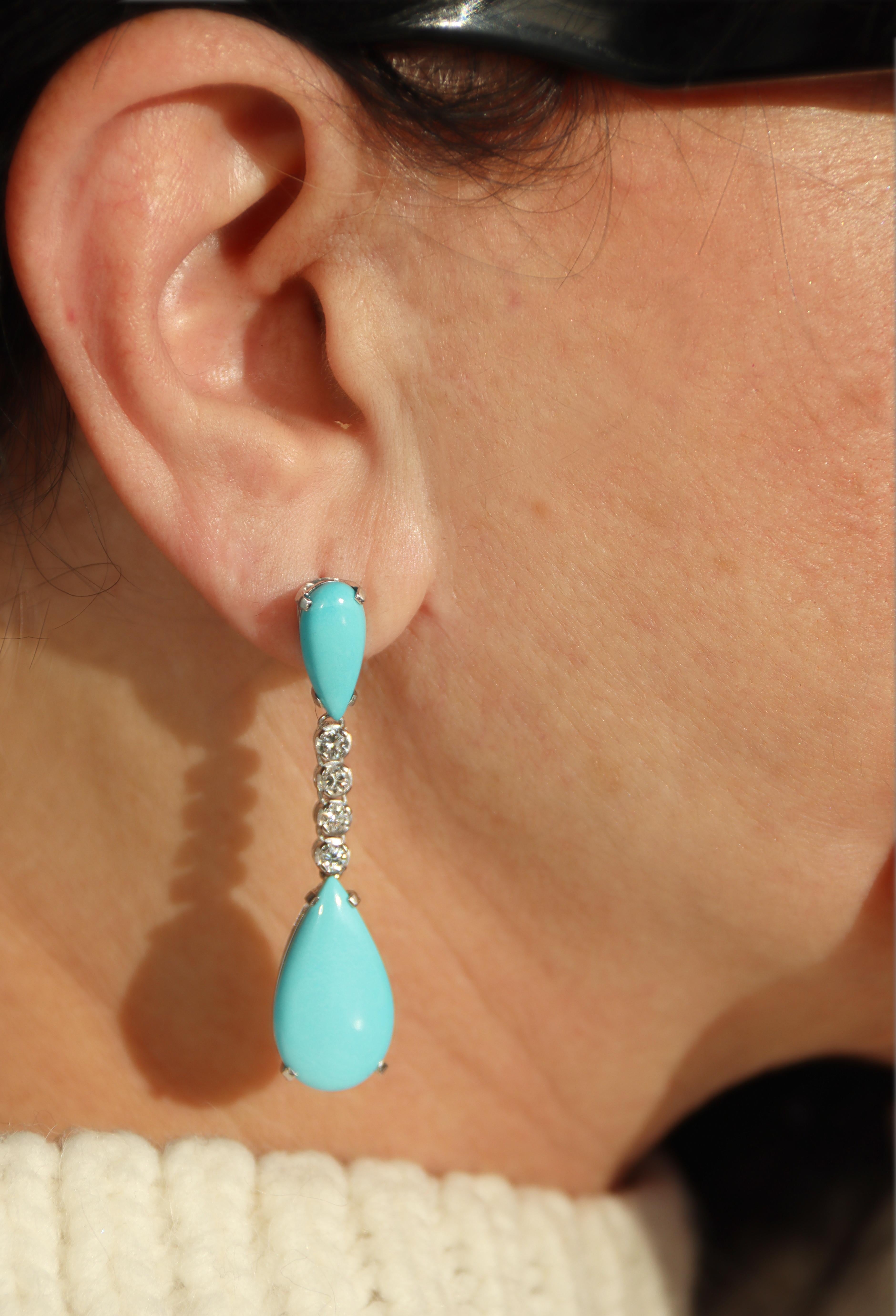 Pendants d'oreilles en or blanc 18 carats avec turquoises et diamants en vente 1