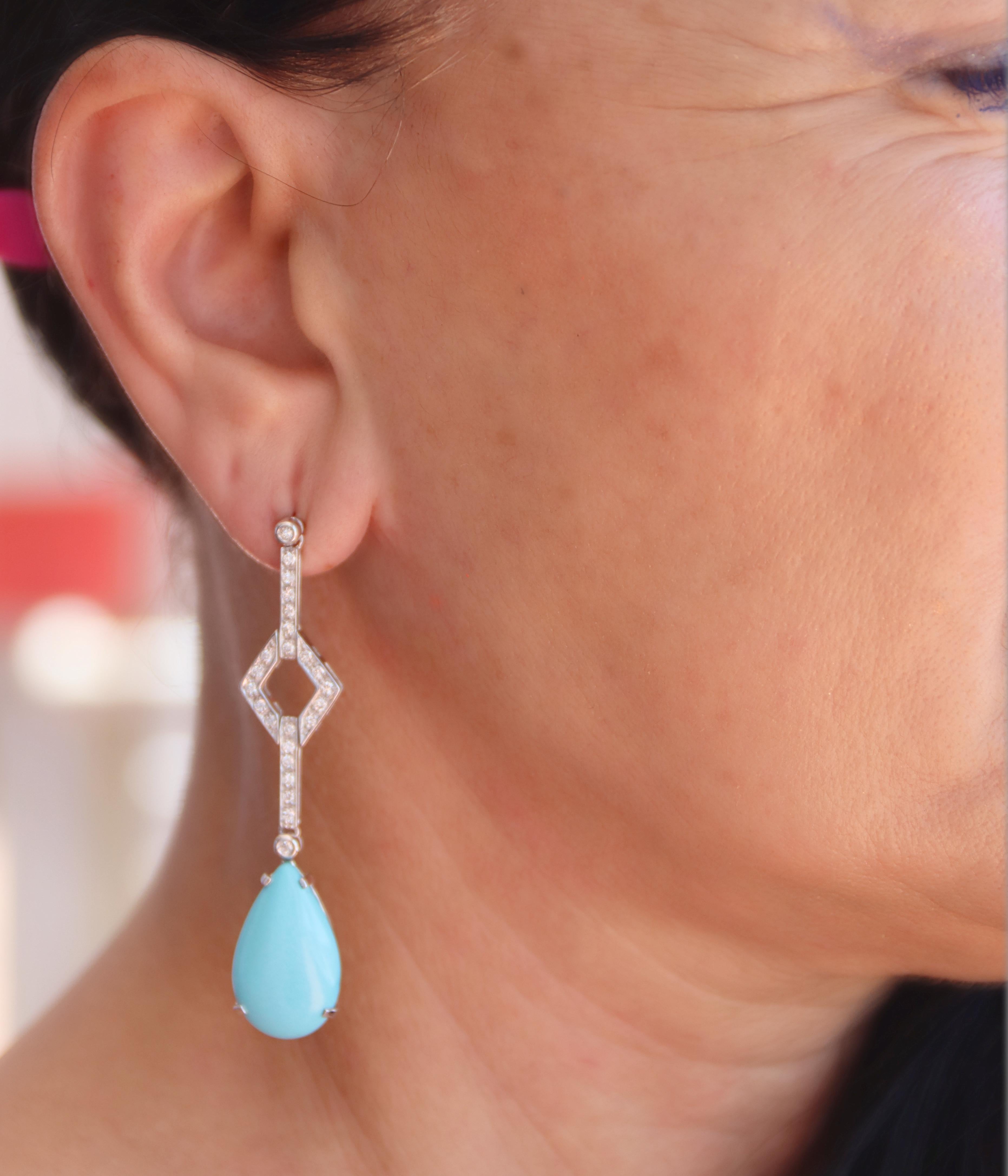 Turquoise Diamonds 18 Karat White Gold Drop Earrings For Sale 2