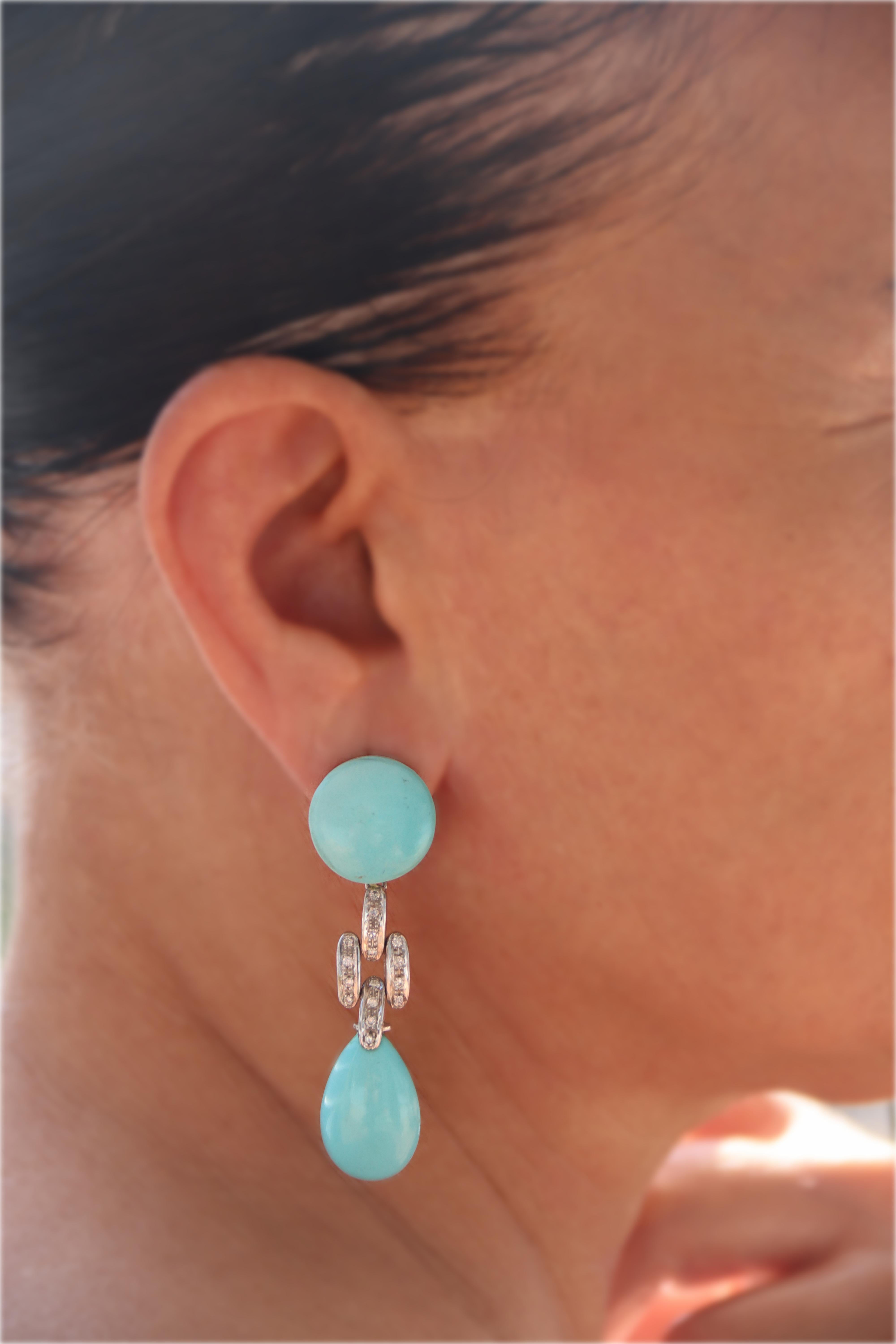 Turquoise Diamonds 18 Karat White Gold Drop Earrings For Sale 2