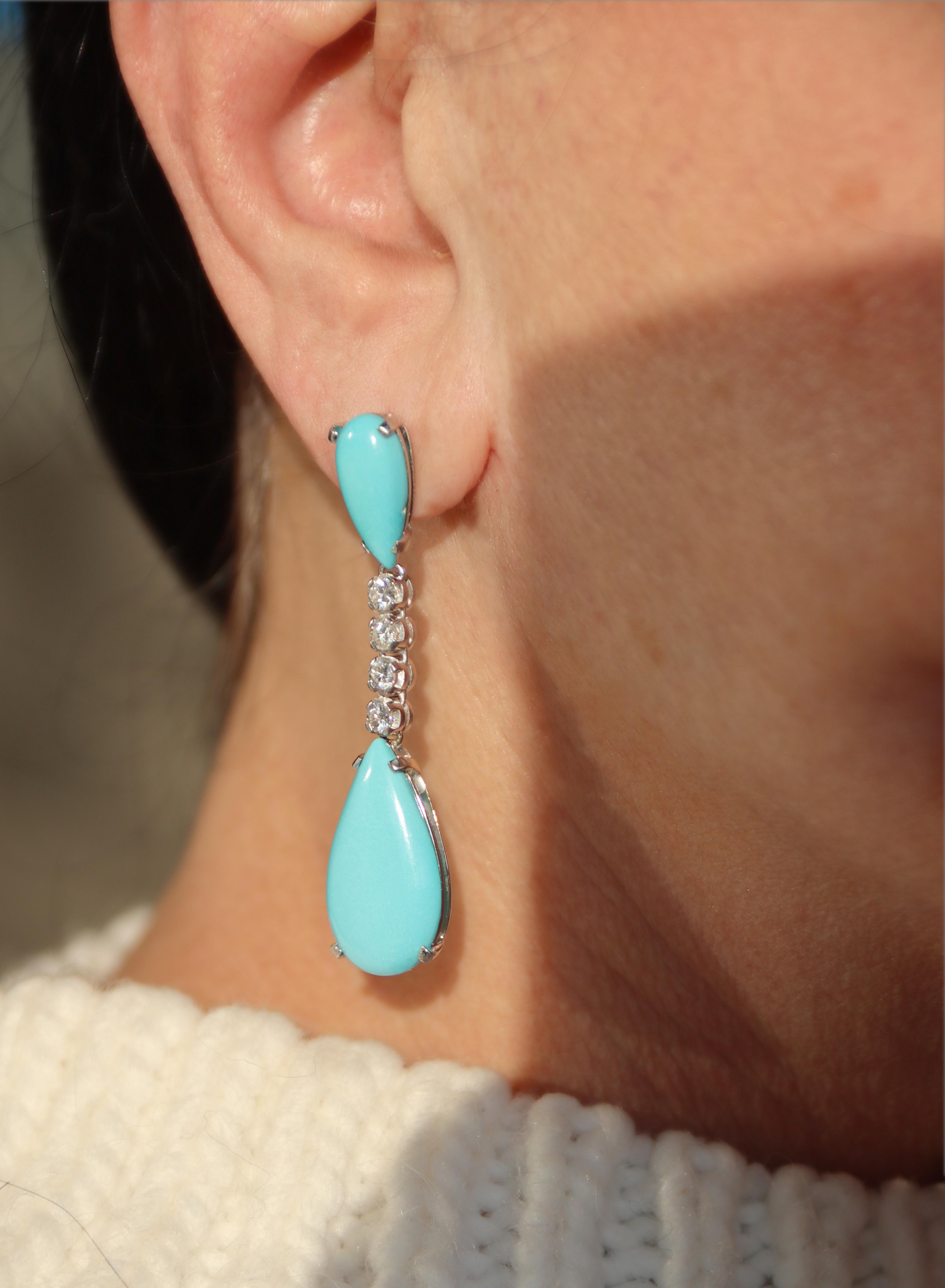 Pendants d'oreilles en or blanc 18 carats avec turquoises et diamants en vente 2