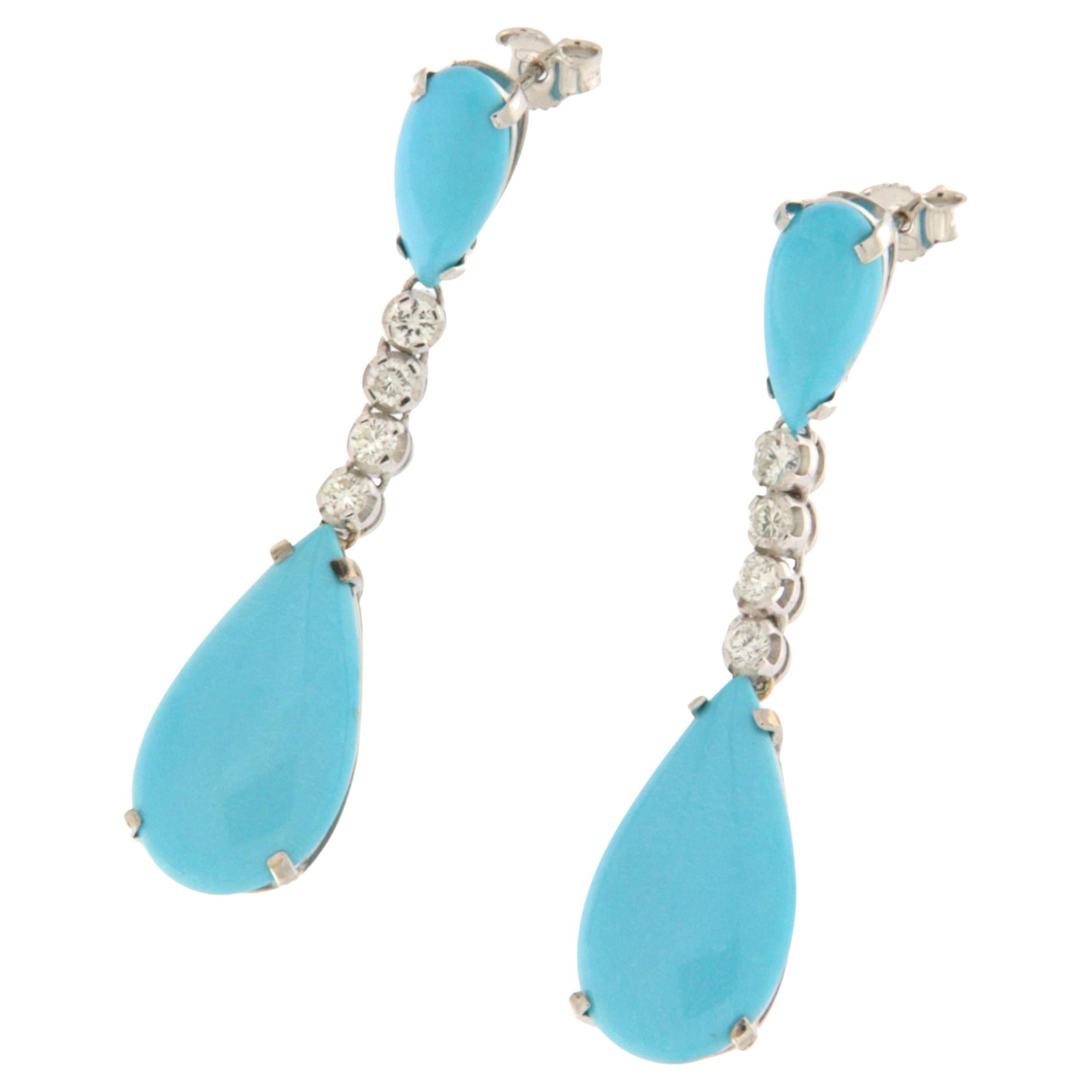 Orecchini a goccia con diamanti turchesi in oro bianco 18 carati in vendita