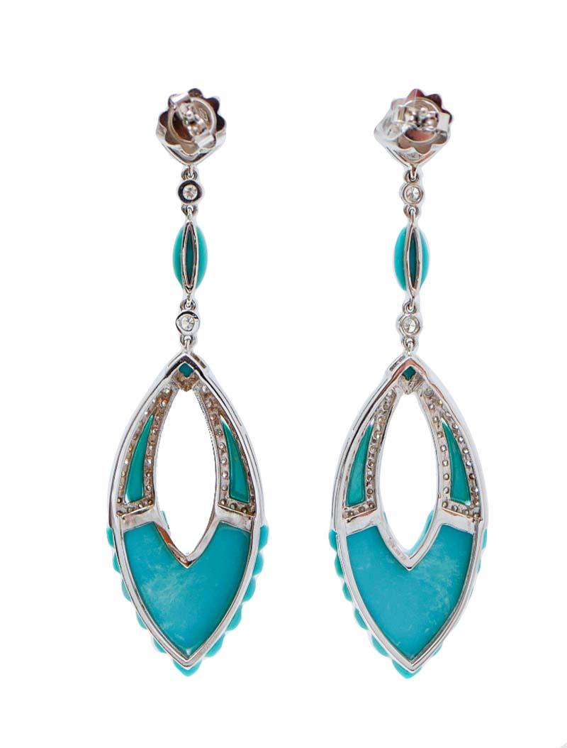 Rétro Turquoise, Diamonds, 18 Karat White Gold Earrings. in vendita