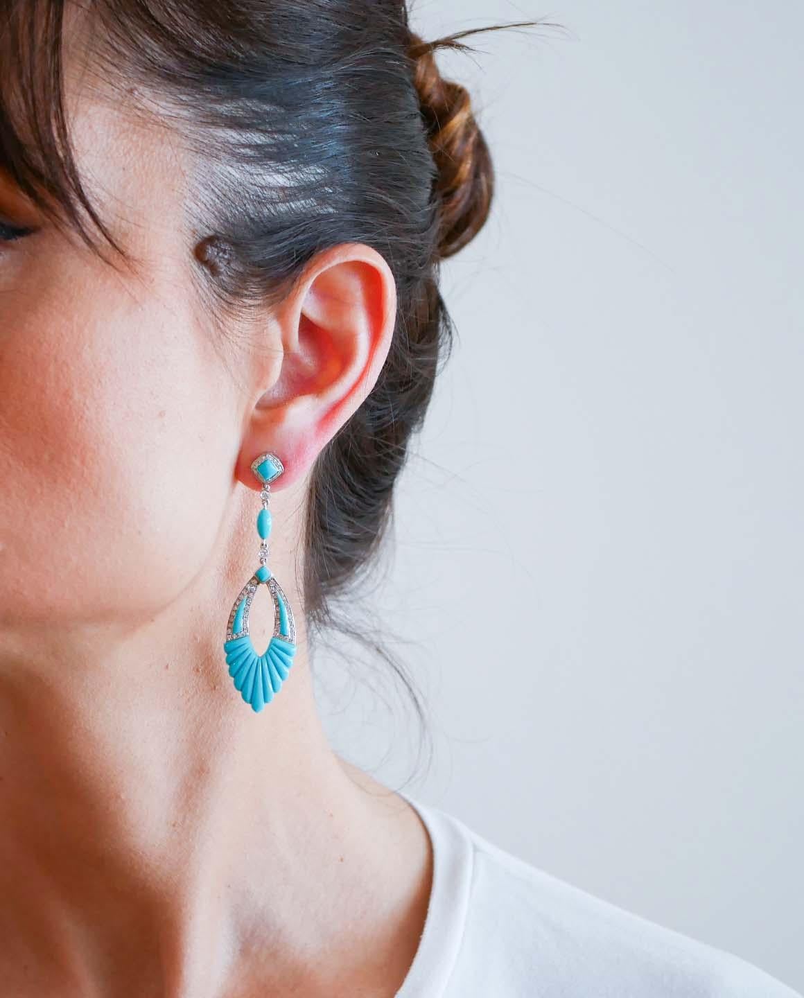 Turquoise, Diamonds, 18 Karat White Gold Earrings. In condizioni buone in vendita a Marcianise, Marcianise (CE)