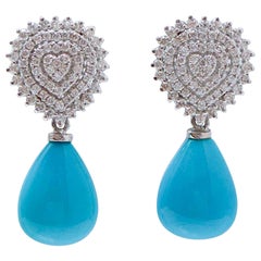 Turquoise, Diamonds, 18 Karat White Gold Earrings.