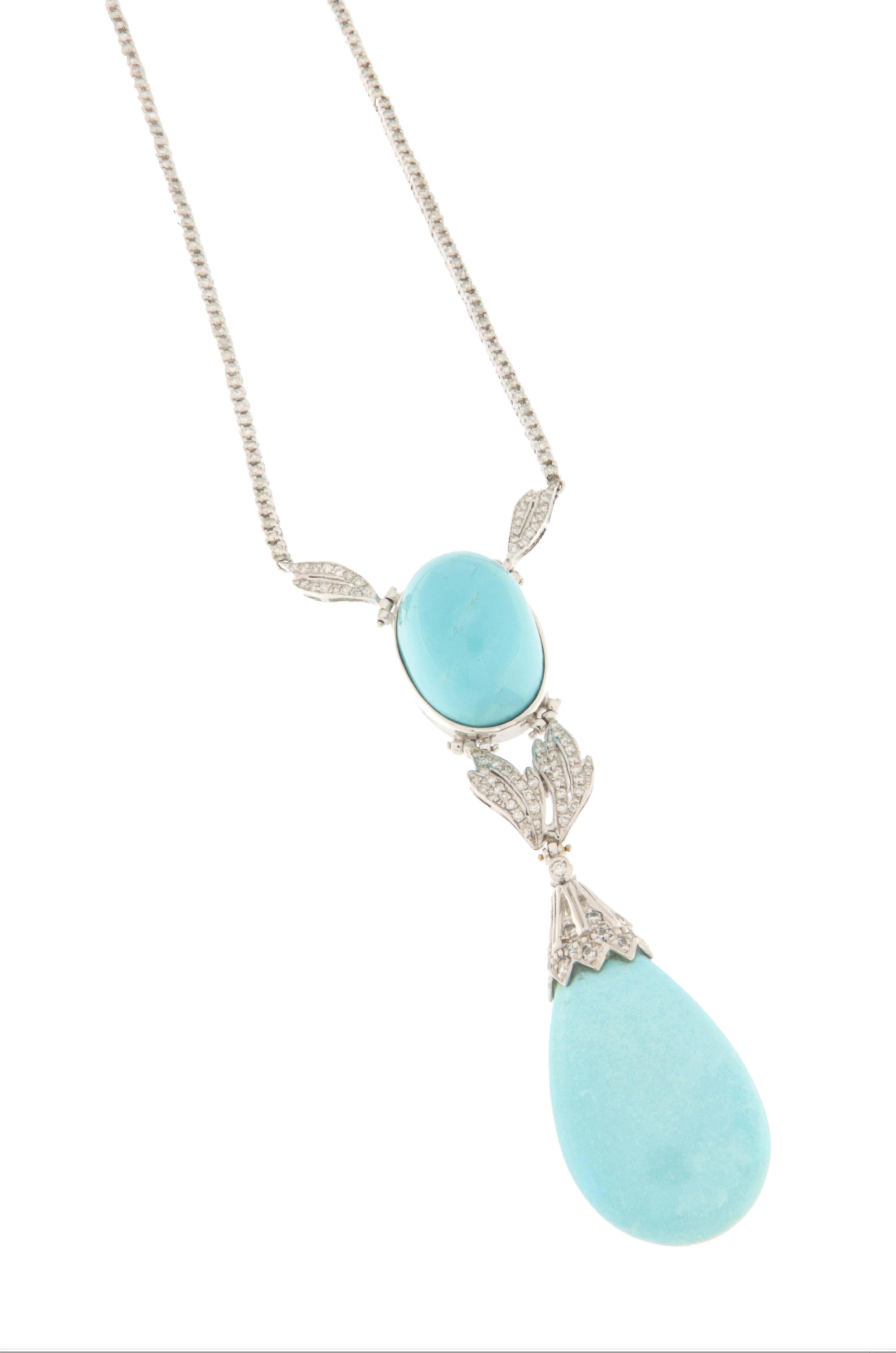 Artisan Turquoise Diamonds 18 Karat White Gold Pendant Necklace For Sale