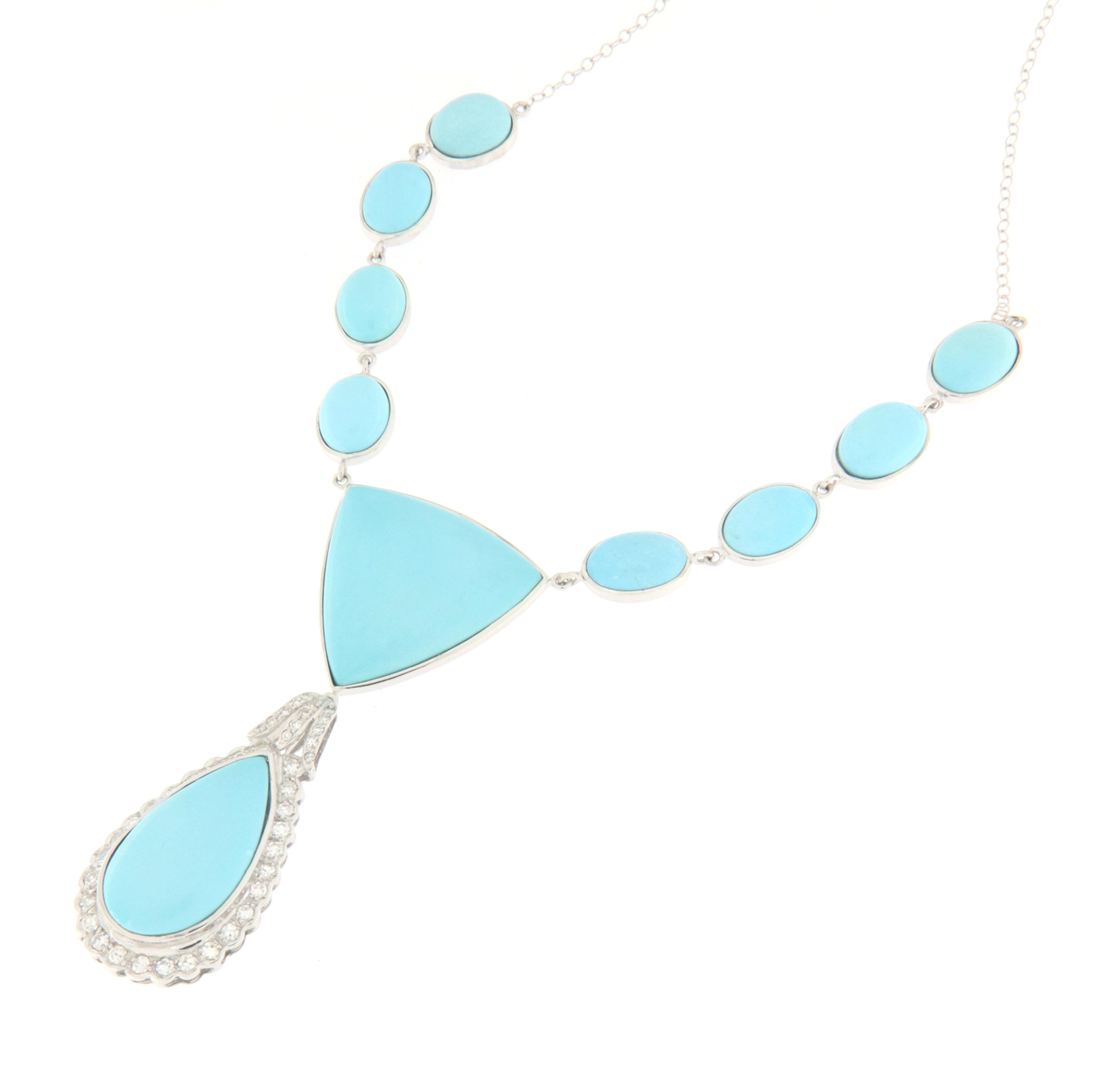 Brilliant Cut Turquoise Diamonds 18 Karat White Gold Pendant Necklace For Sale