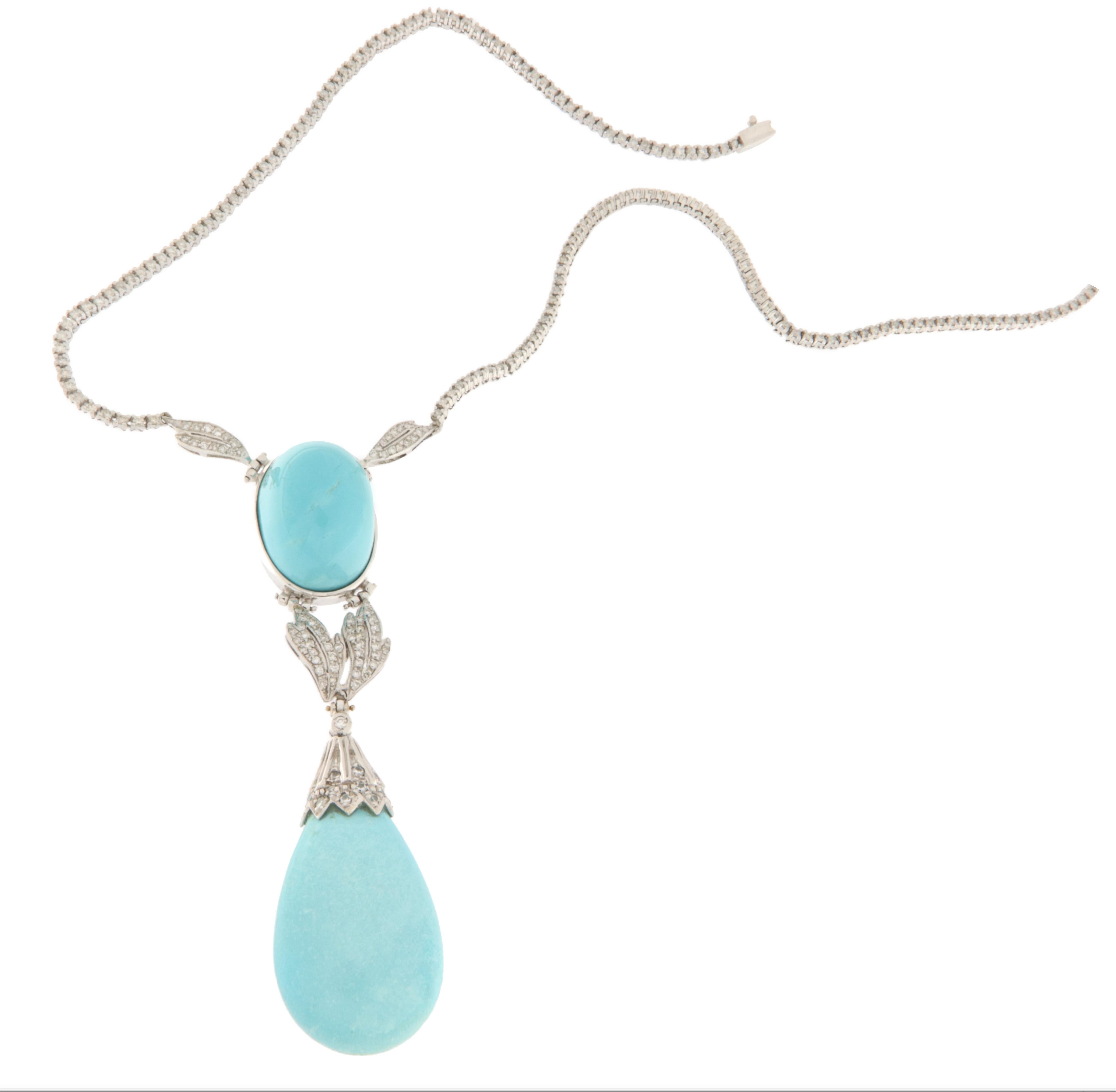 Brilliant Cut Turquoise Diamonds 18 Karat White Gold Pendant Necklace For Sale