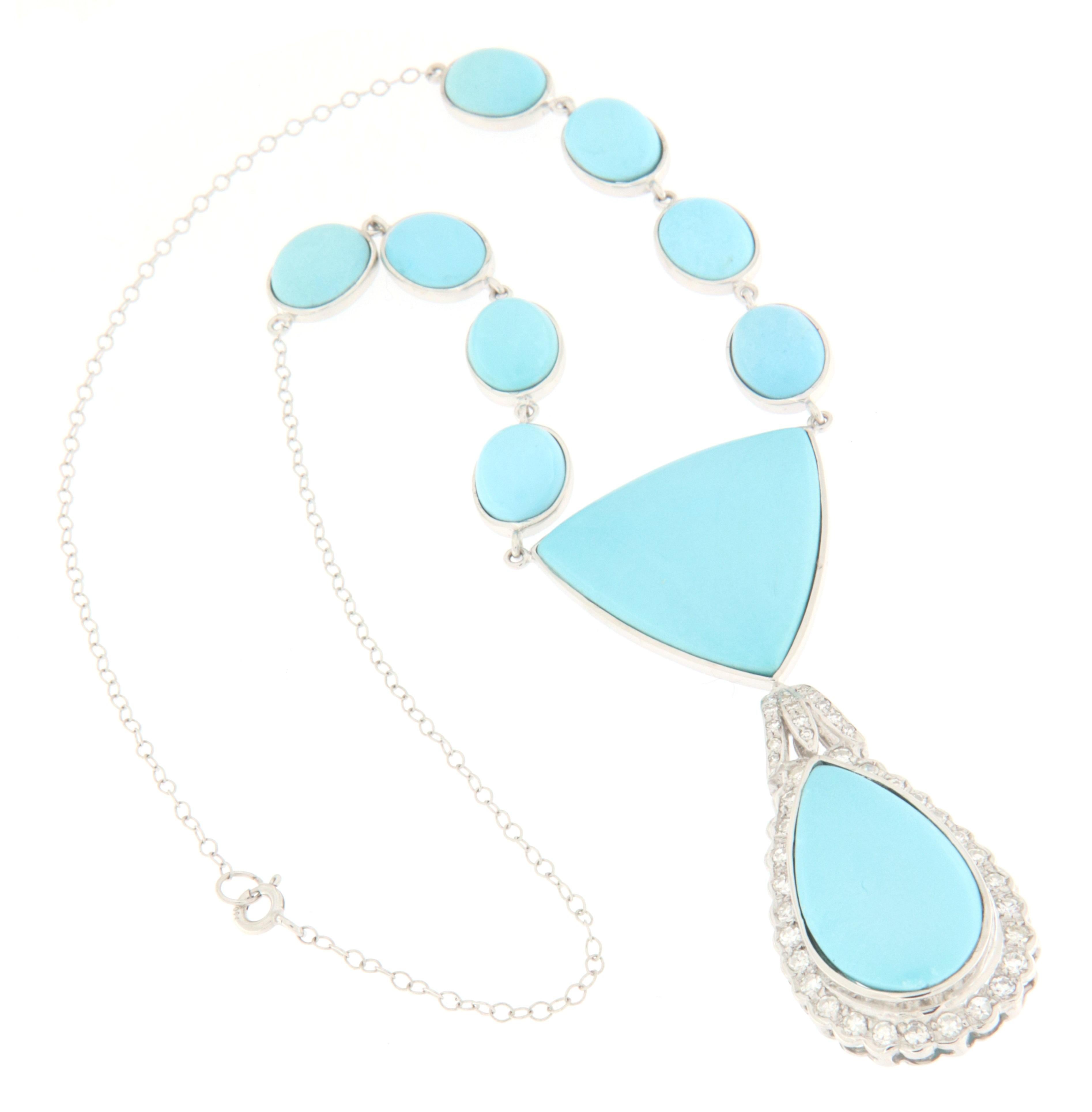 Turquoise Diamonds 18 Karat White Gold Pendant Necklace In New Condition For Sale In Marcianise, IT