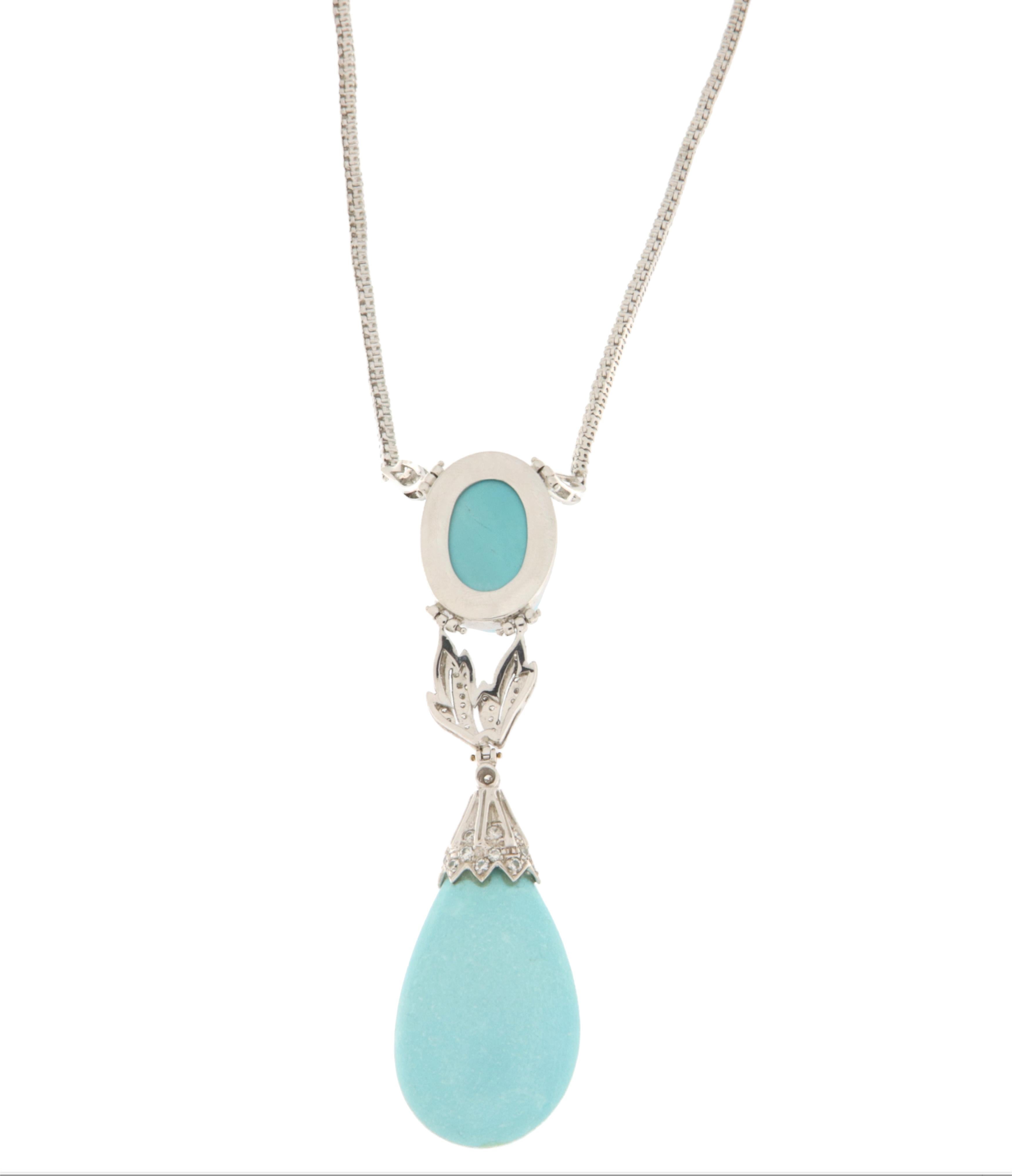 Turquoise Diamonds 18 Karat White Gold Pendant Necklace In New Condition For Sale In Marcianise, IT