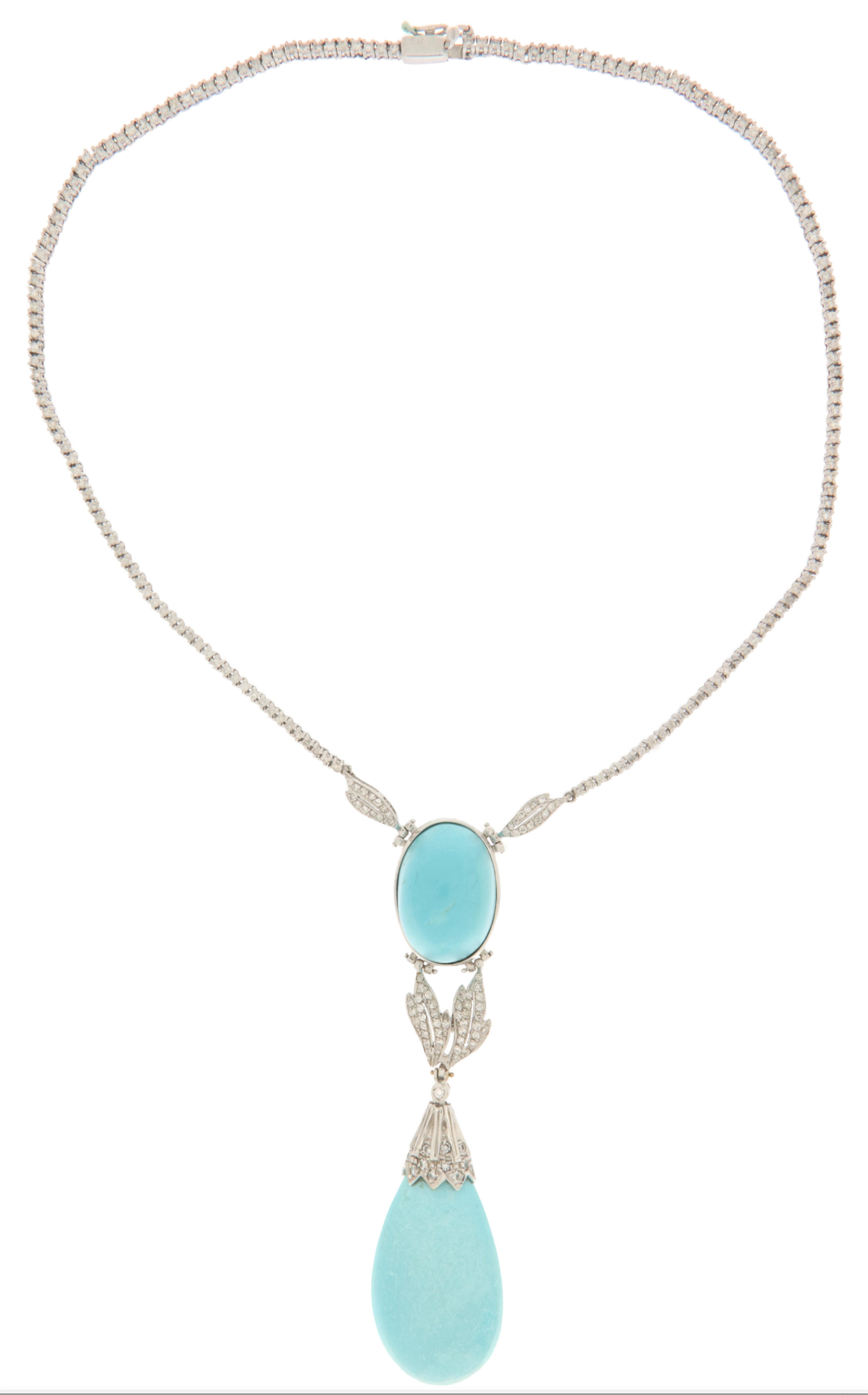 Women's Turquoise Diamonds 18 Karat White Gold Pendant Necklace For Sale