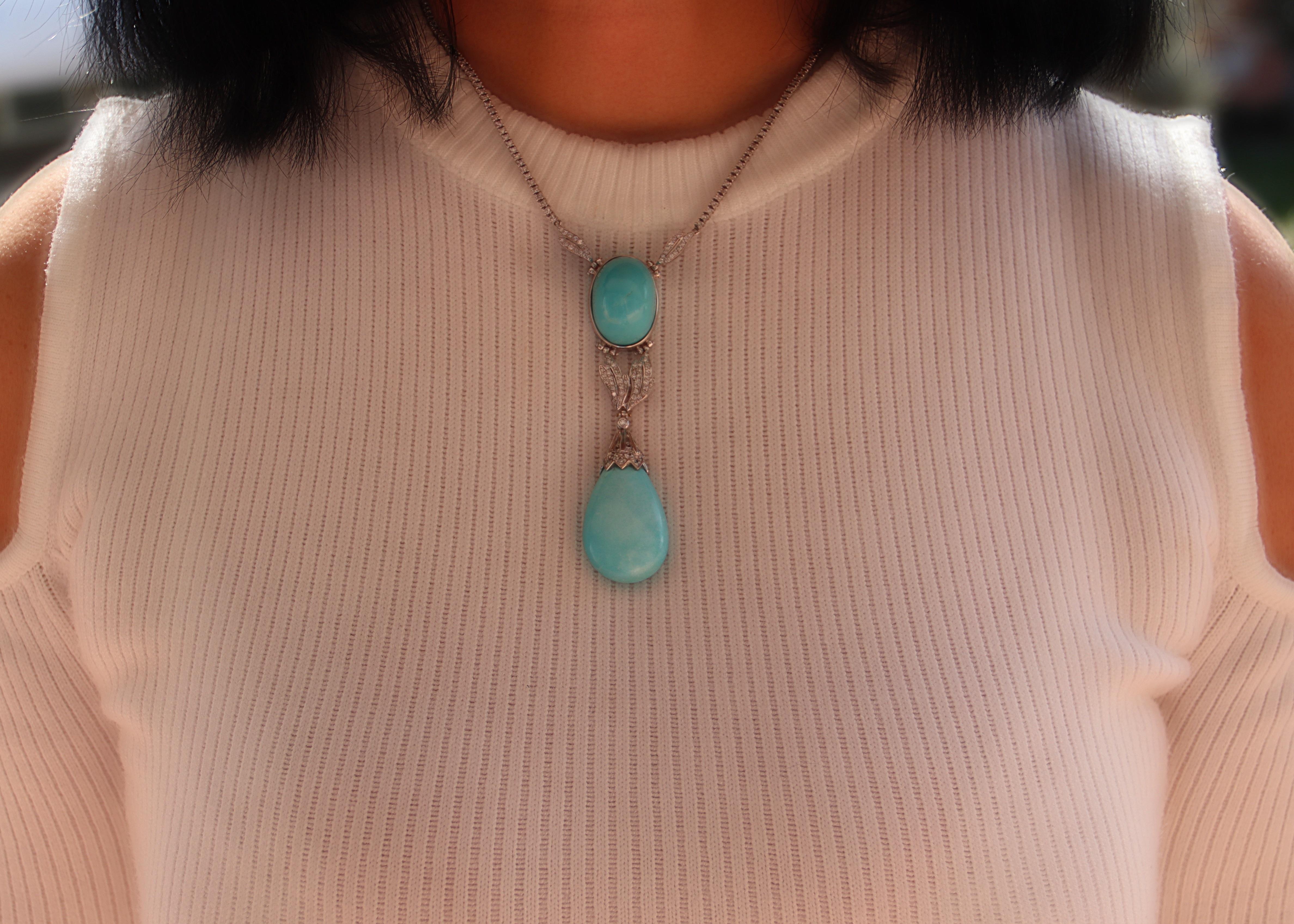 Turquoise Diamonds 18 Karat White Gold Pendant Necklace For Sale 1