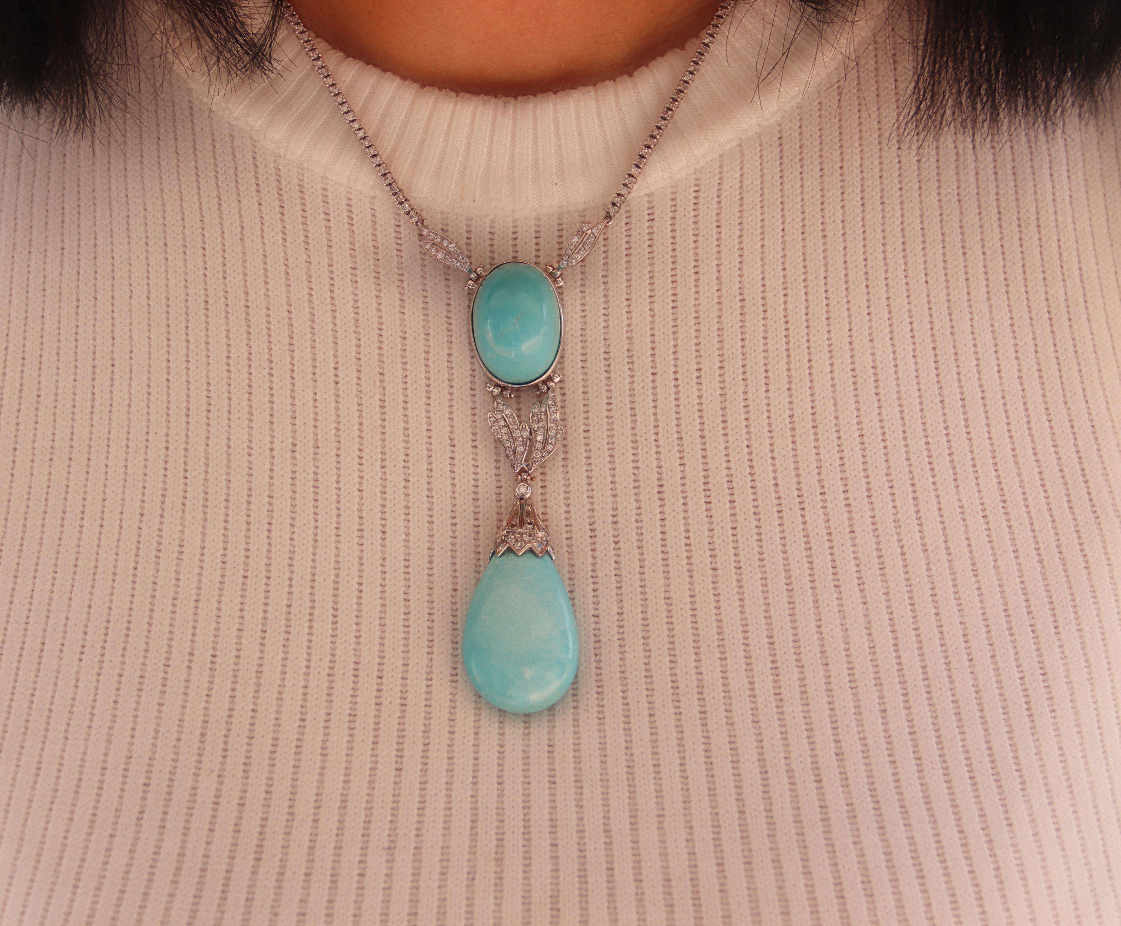 Turquoise Diamonds 18 Karat White Gold Pendant Necklace For Sale 2