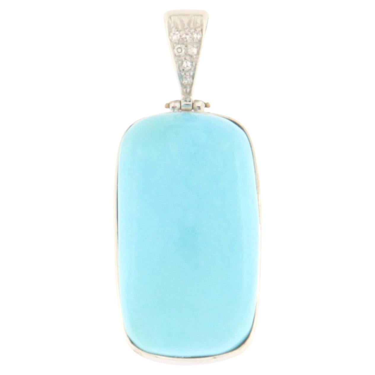 Collier pendentif en or blanc 18 carats avec turquoises et diamants