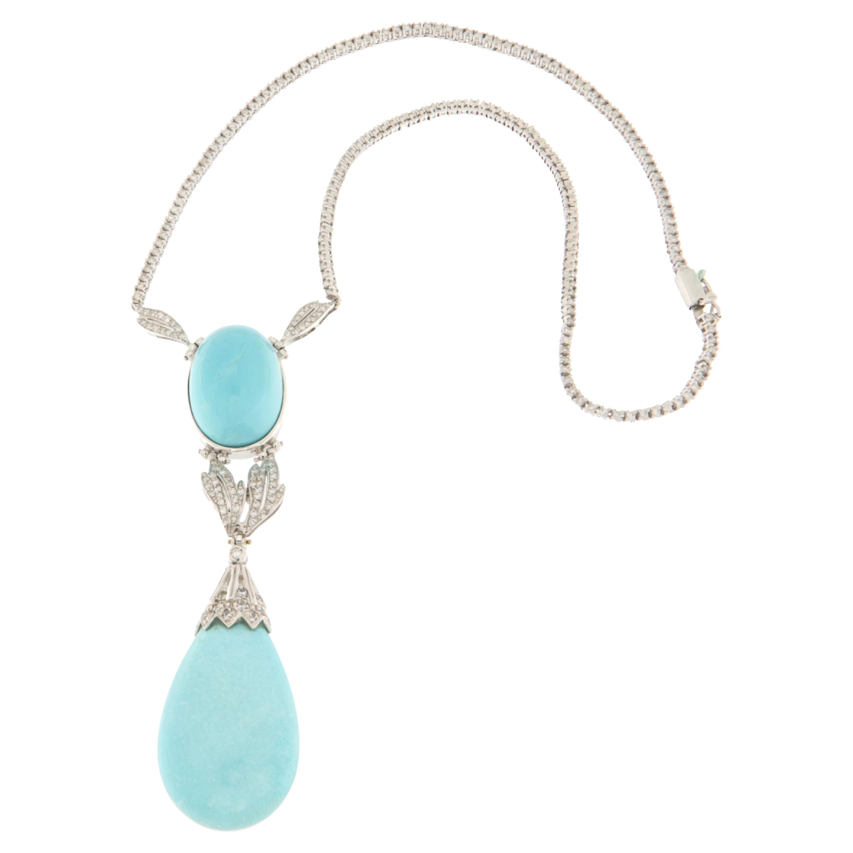 Turquoise Diamonds 18 Karat White Gold Pendant Necklace
