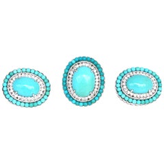 Turquoise Diamonds 18 Karat White Gold Ring Earrings European Set Turquoise Diamonds 18 Karat White Gold Ring Earrings European Set