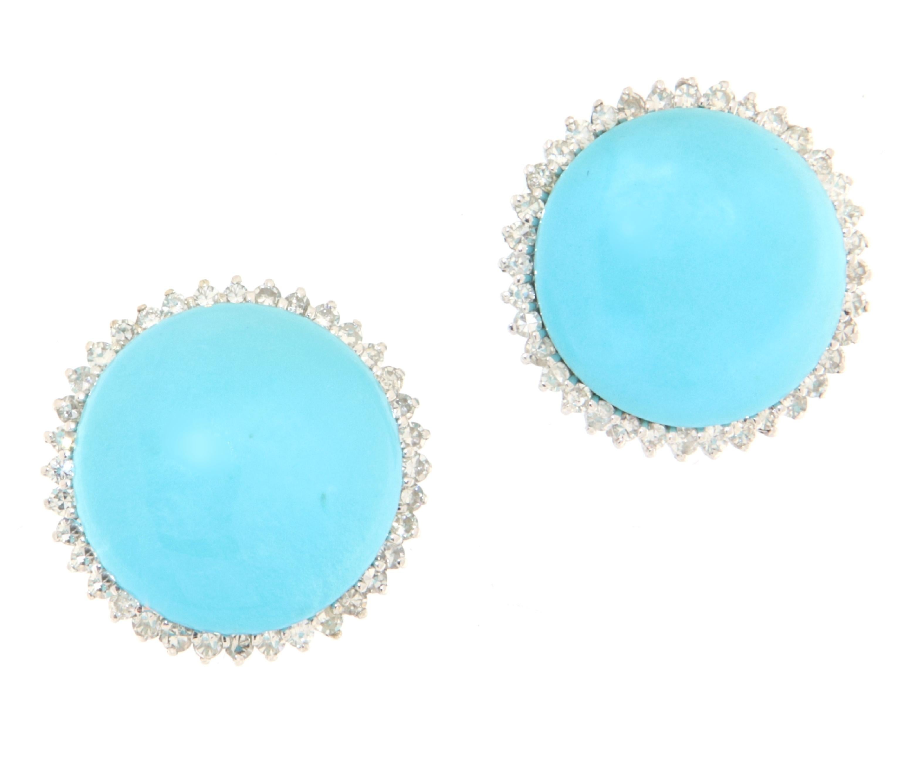 Artisan Turquoise Diamonds 18 Karat White Gold Stud Earrings For Sale