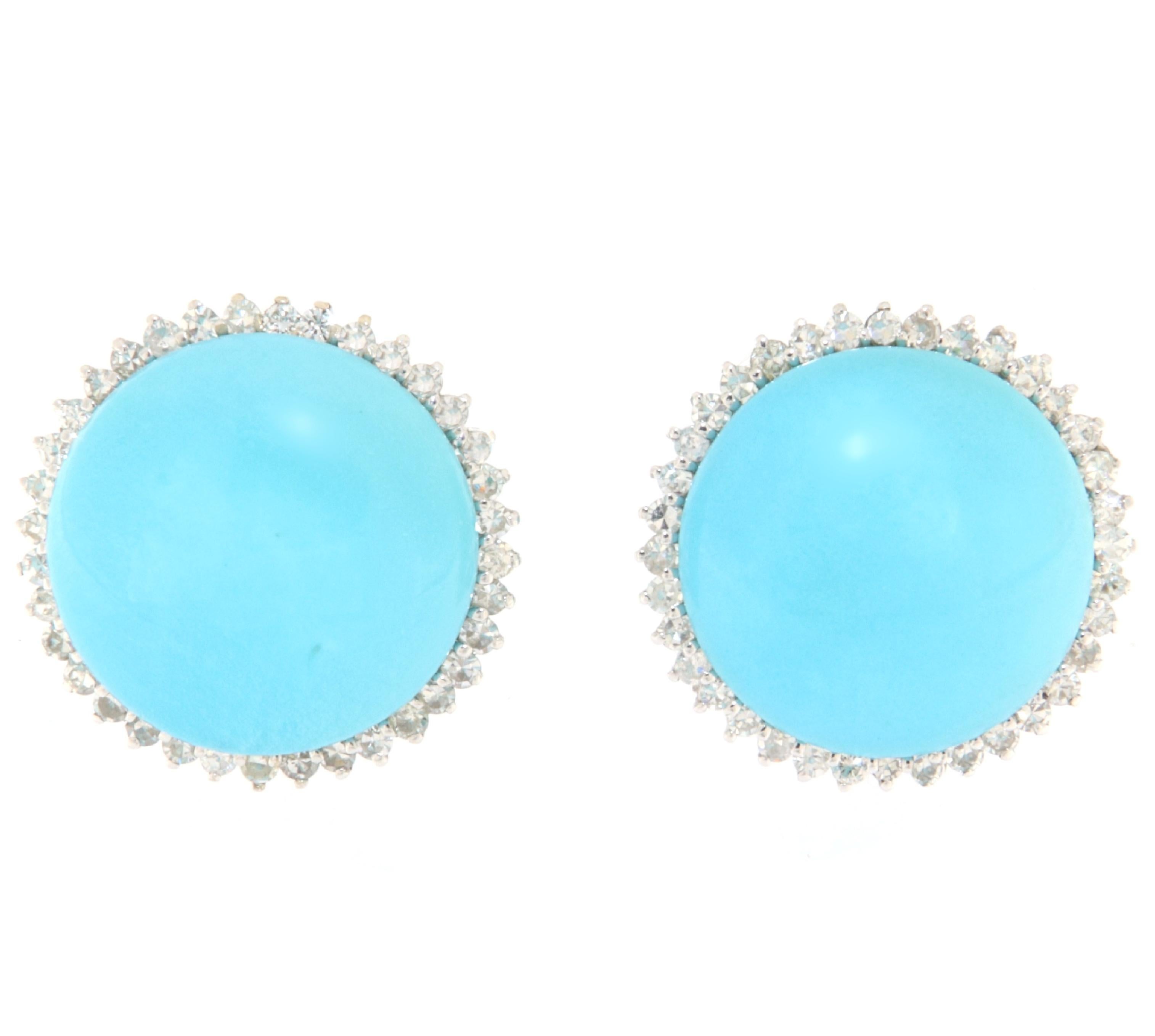 Women's Turquoise Diamonds 18 Karat White Gold Stud Earrings For Sale