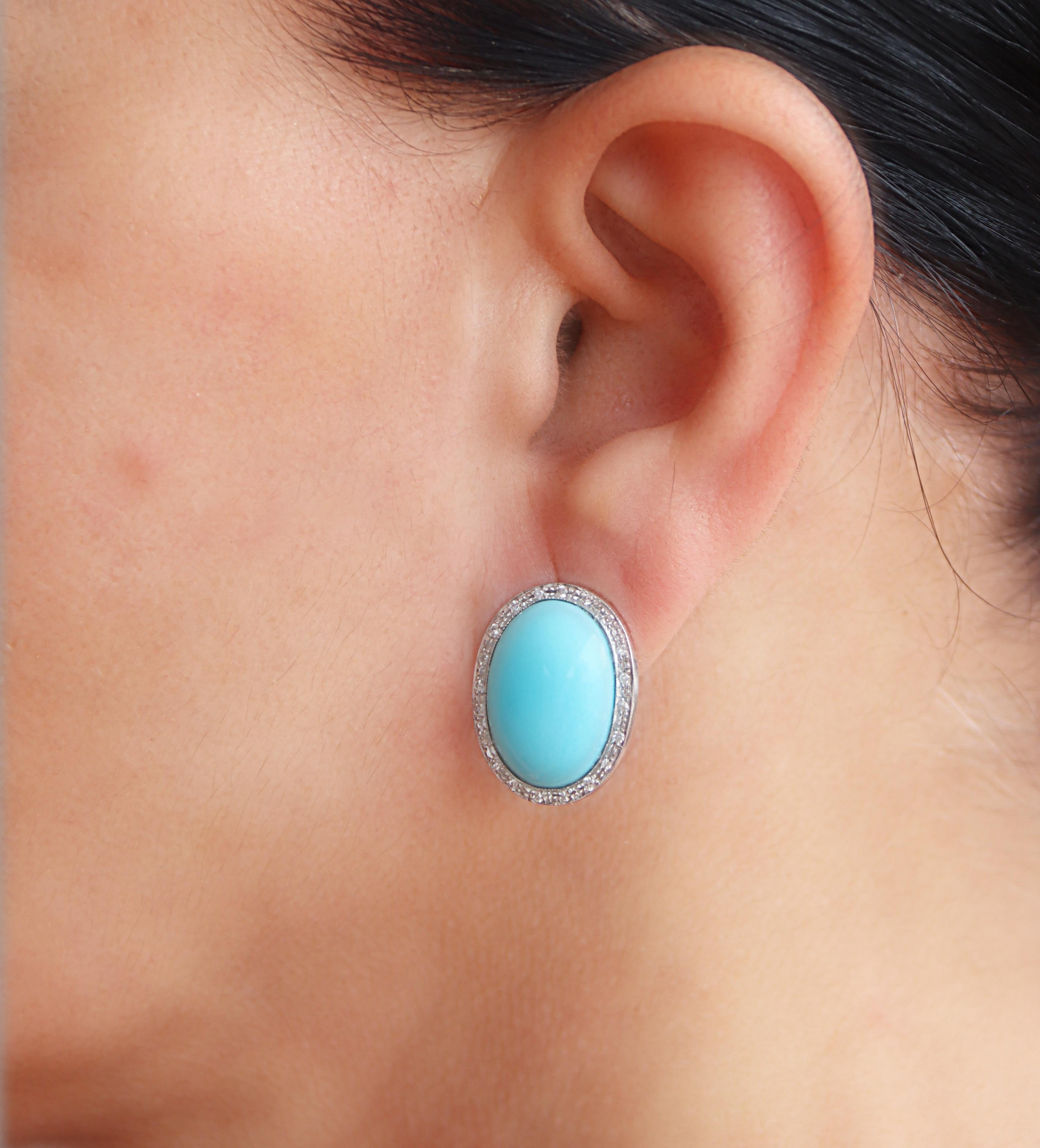 Turquoise Diamonds 18 Karat White Gold Stud Earrings For Sale 1